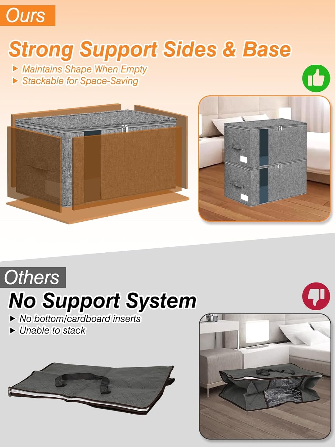 60L Blanket/Comforter Storage Bag w/Rigid Side & Bottom Support, Stackable Clothes Storage Bin for Sweaters Bedding Sets Quilts Pillows, Closet Organizer, 21.7x14.2x11.8in, 2 Pack, Gray - Image 2