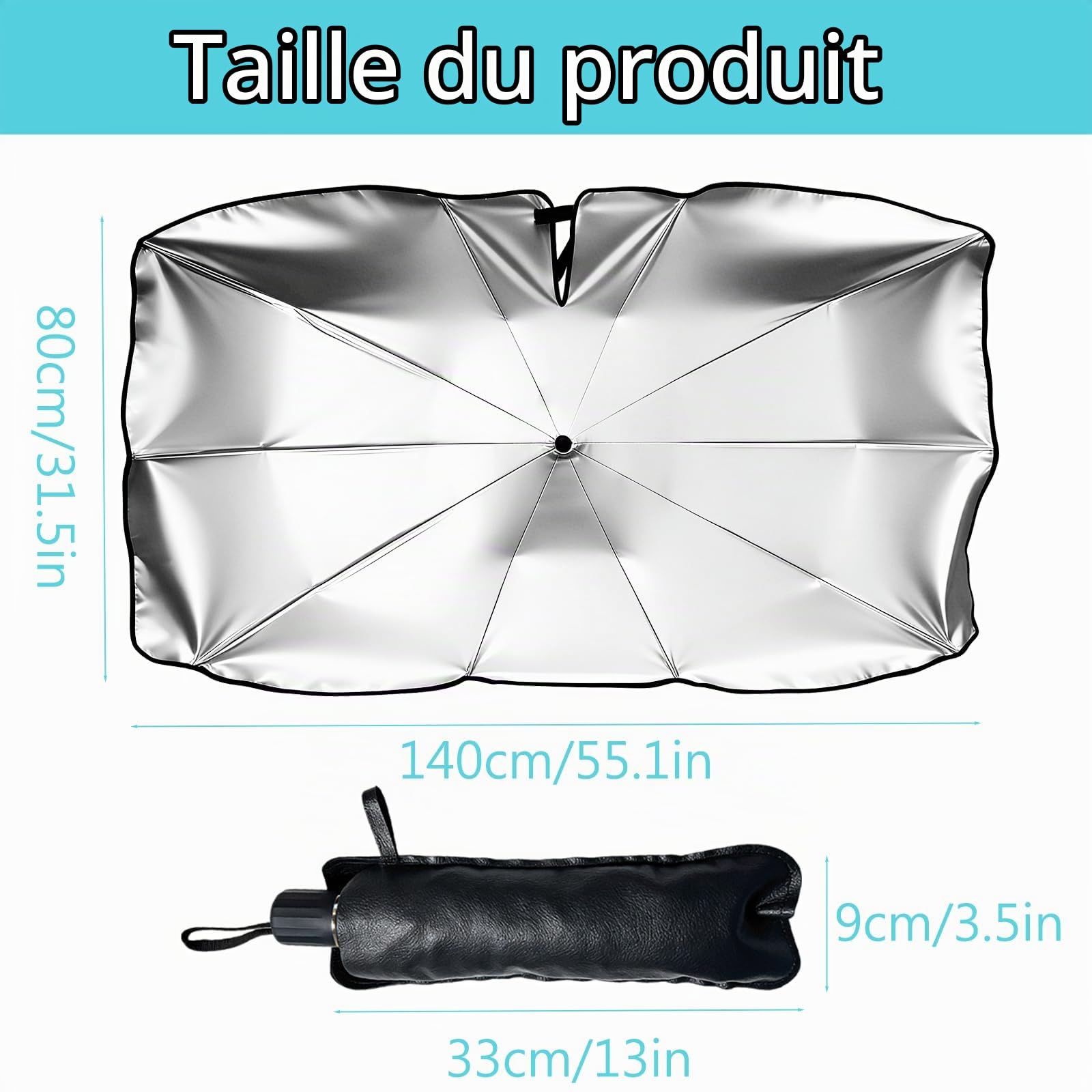 Pare Soleil Voiture Pare Brise Avant 140 x 80 cm, Pare-Soleil Parapluie pour Voiture, Parasol de Voiture Pliable, Protection UV et Isolation Thermique, pour Voiture, SUV, Fourgonnettes