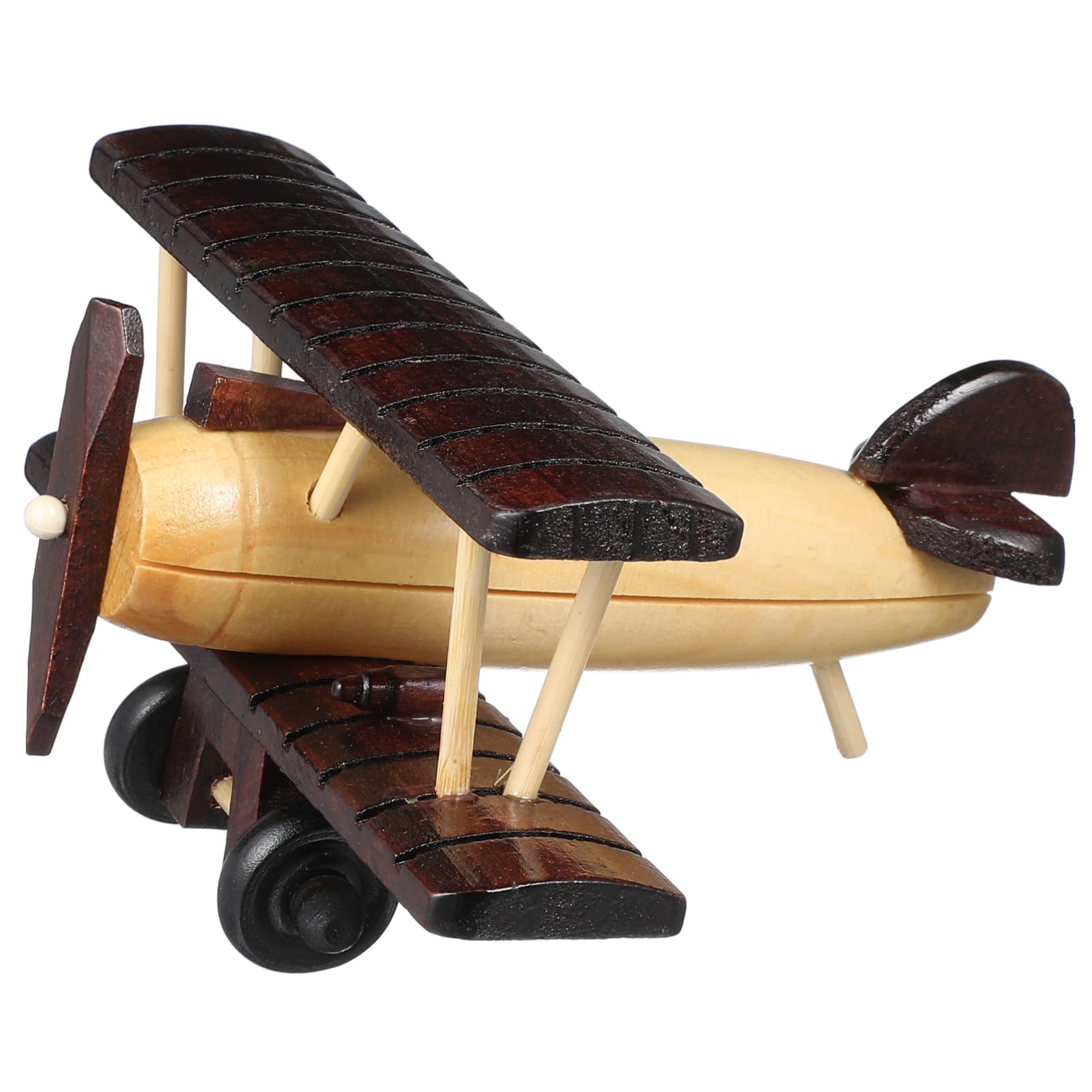 Jouet d'avion vintage en bois petit modèle biplan pour déco bureau marron
