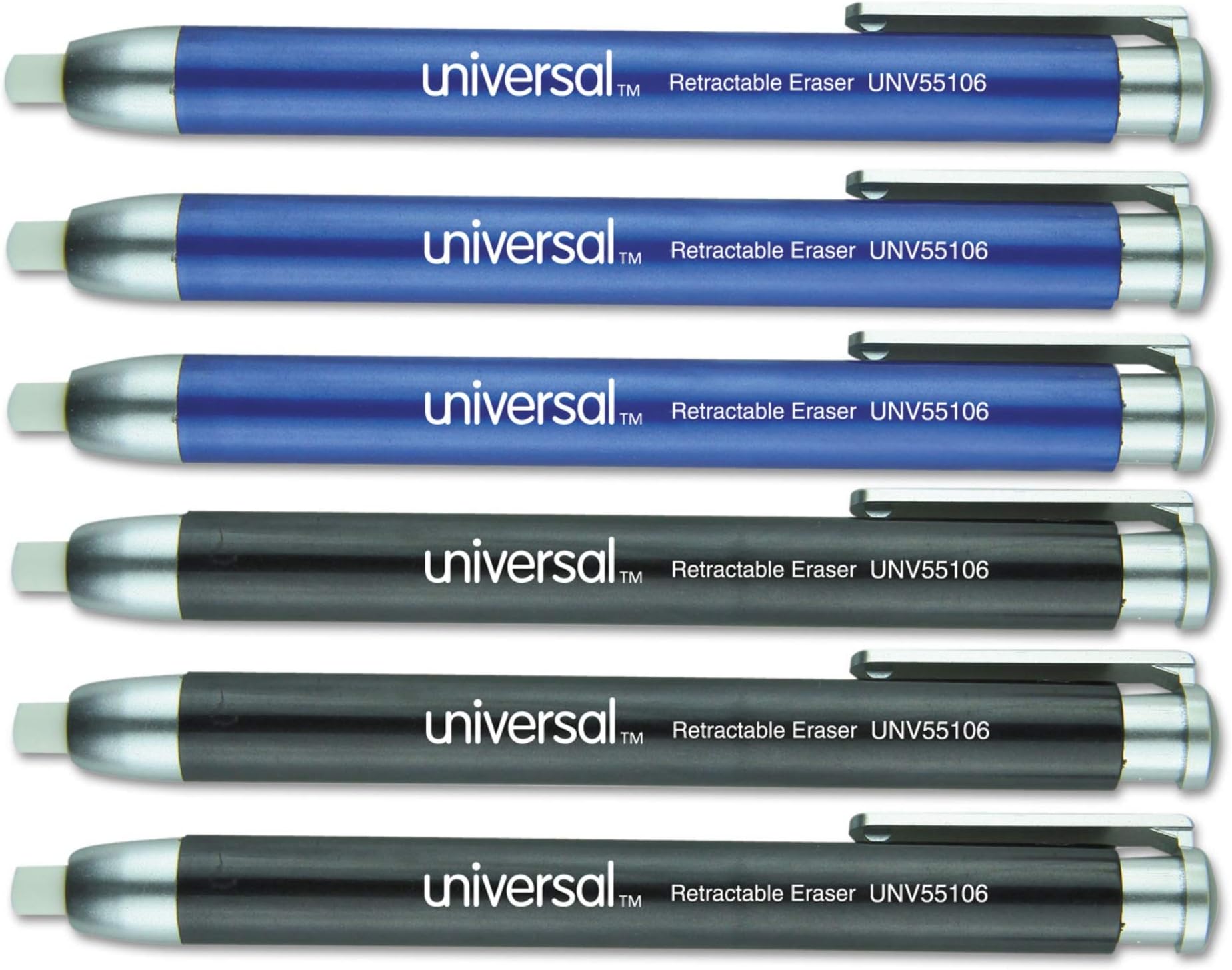 UniversalUNV55106 Pencil Marks Pen-Style Retractable White Eraser - Assorted (6/Pack)