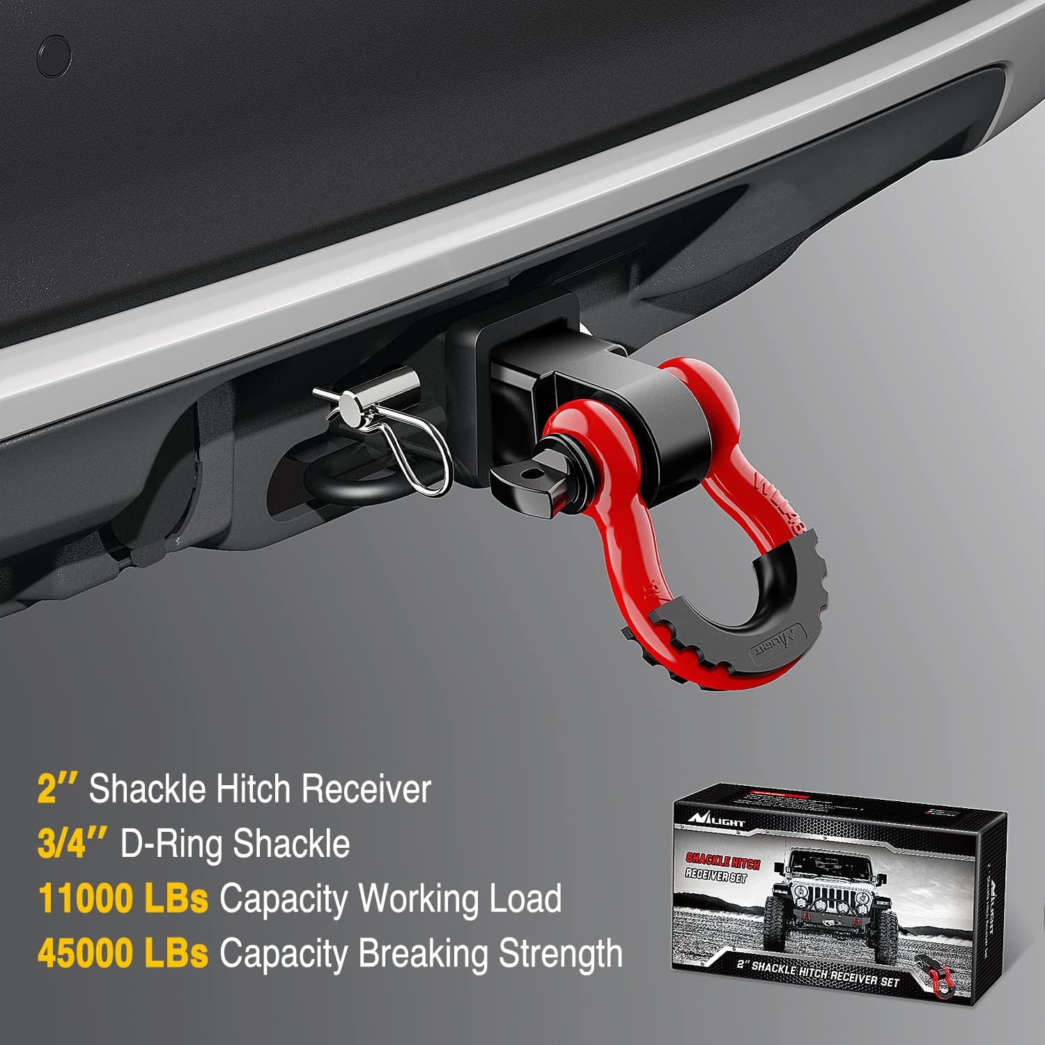 Nilight Shackle Hitch Receiver 2Inch 45000 LBs Breaking Strength 3/4" D Ring Shackle w/Trailer Hitch Pin Heavy Duty Solid Recovery Towing Kit for Trucks Jeeps Off-Road - Image 6