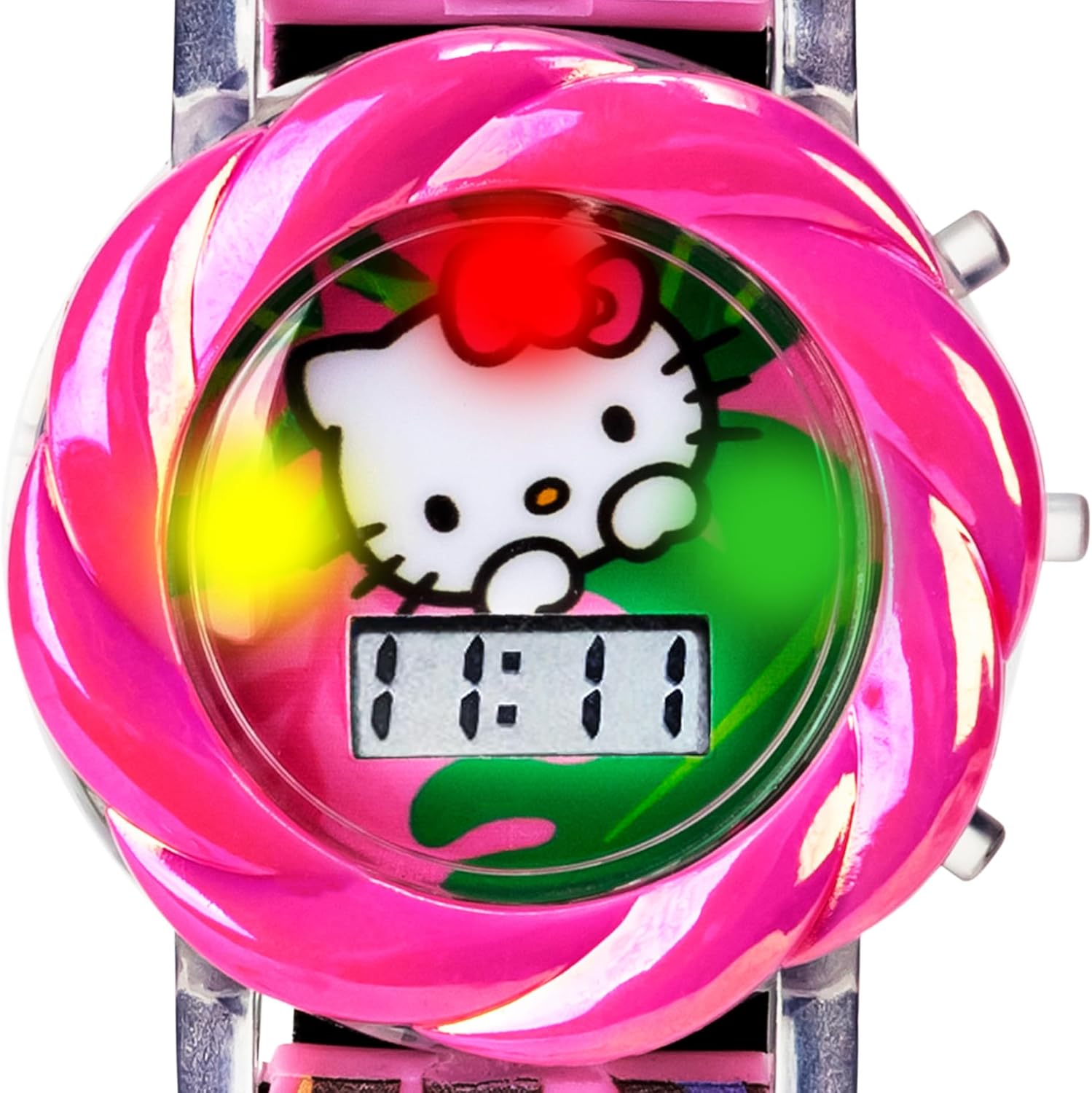 Close-up of Hello Kitty LCD Watch face with activated flashing LED lights