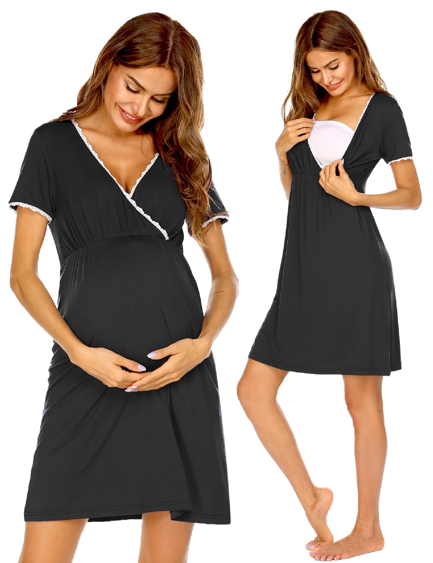 Ekouaer Nursing Nightgown Delivery and Labor Gown for Hospital Short Sleeve Maternity Breastfeeding Dress