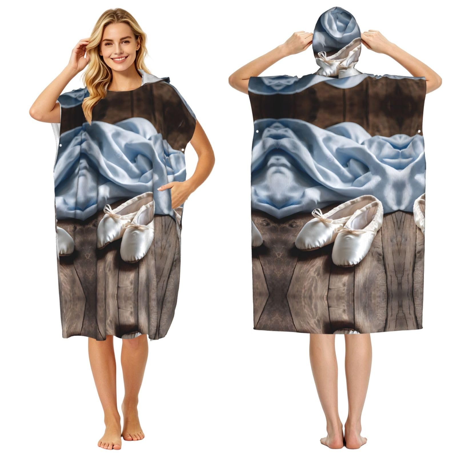Poncho microfibre ultra léger à capuche motif chaussons de danse surf et bain