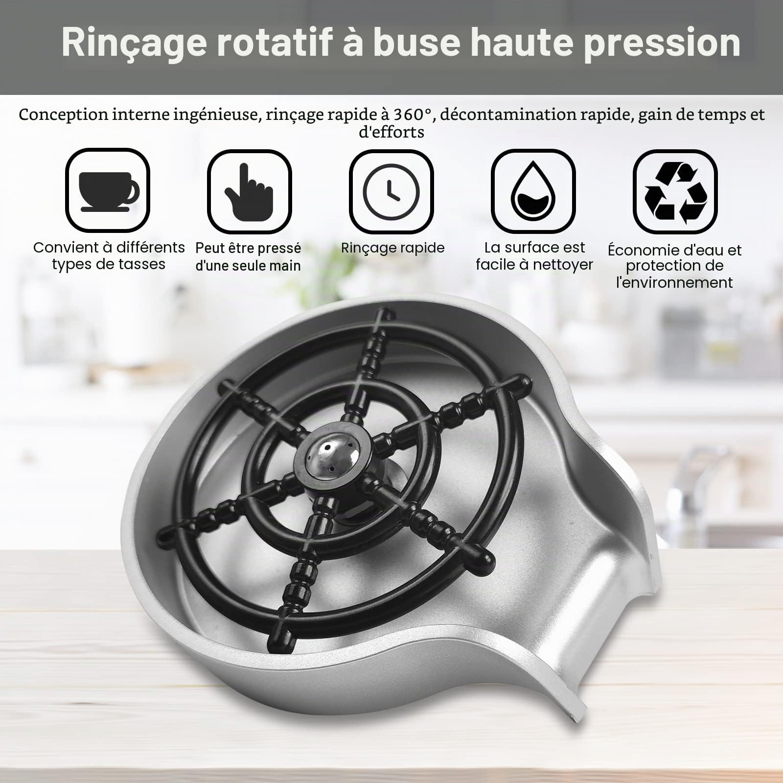 Comptoir Lave/Rince Verre Evier, Laveuse Automatique Tasses, avec Jet Rotatif à 360°, Rinceur Rapide, 35 * 15 cm