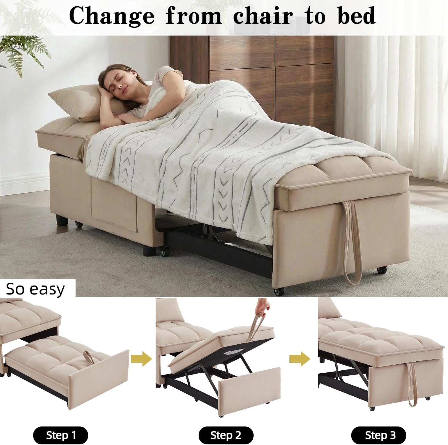 24.5" Wide Convertible Sleeper Chair with Pull Out Bed, 4-in-1 Chair Bed with Adjustable Backrest & Storage Pockets, Armless Metal Frame |Space-Saving Couch for Living Room & Bedroom (Taupe)