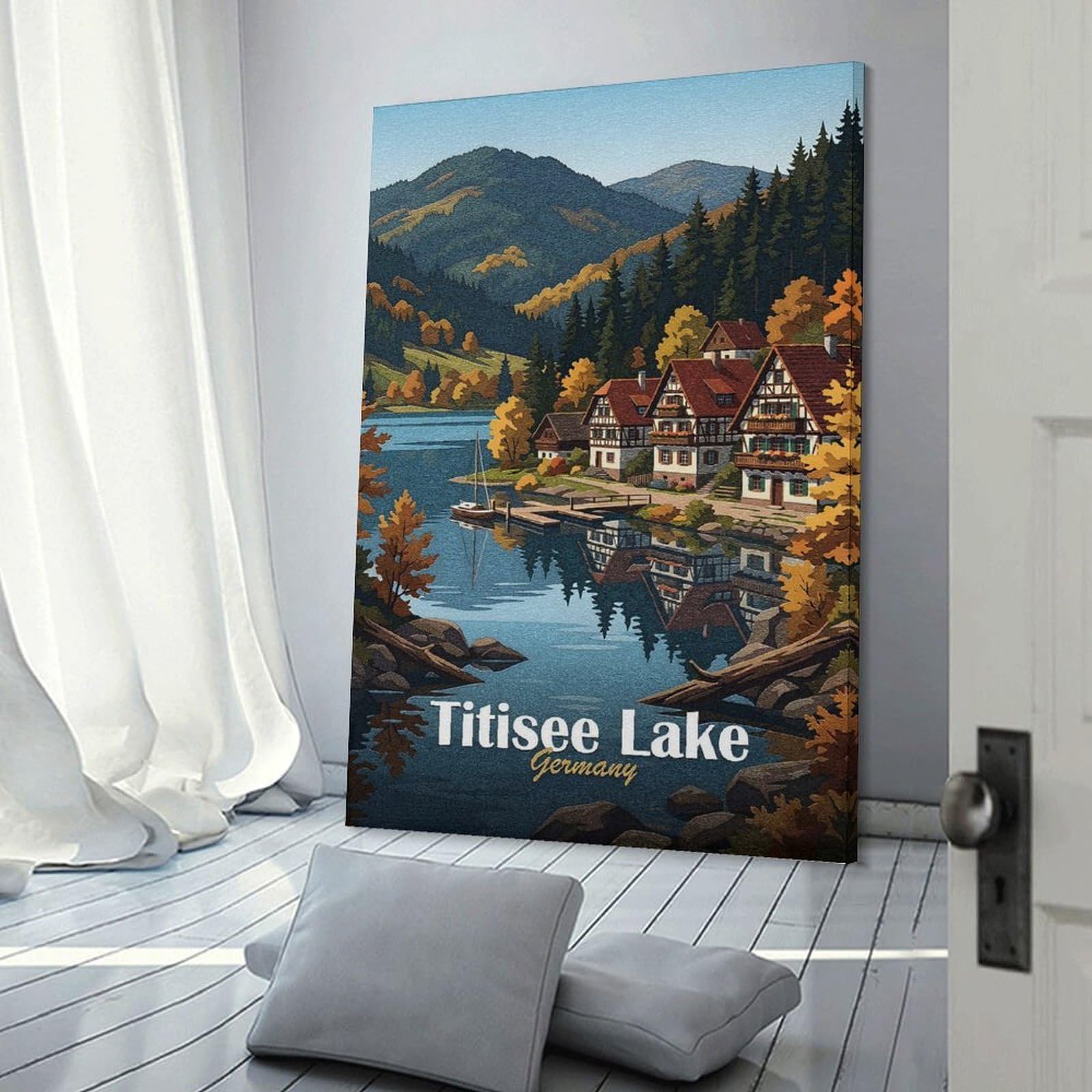 Junmoney Titisee Lake Germany Autumn Landscape Canvas Wall Art, 16x24inch(40x60cm), for Bedroom Decor, Cosy Corners Or Studios, Stylish Decor for A Restful Room Update