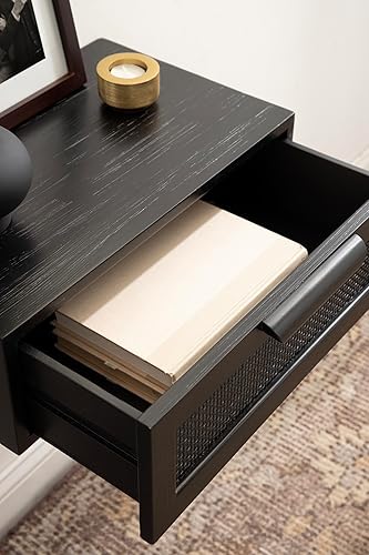 Miniatura 5 de Kate and Laurel Ori Mesa auxiliar flotante de ratán de caña de transición con cajón de almacenamiento extraíble, 18 x 13 x 6 pulgadas, color negro