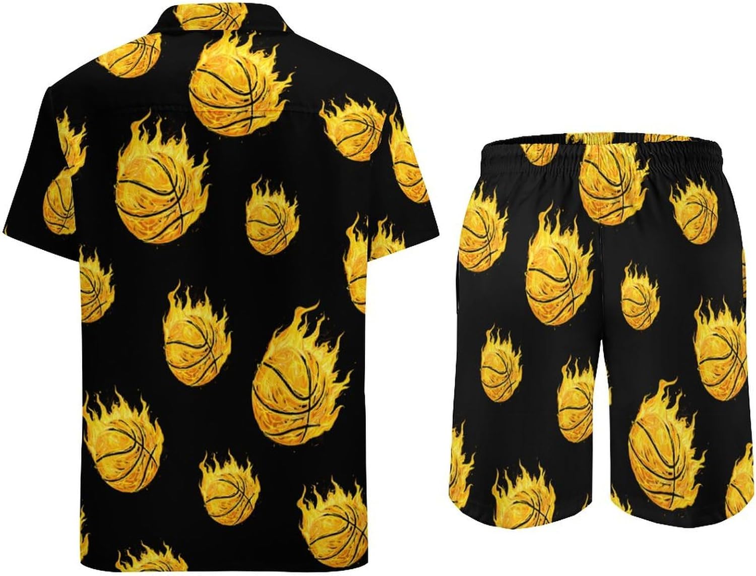 Fire Basketball Ball Flaming Men's Summer Beach Outfits Shirt And Shorts Set 2 Piece Vacation Swimwear