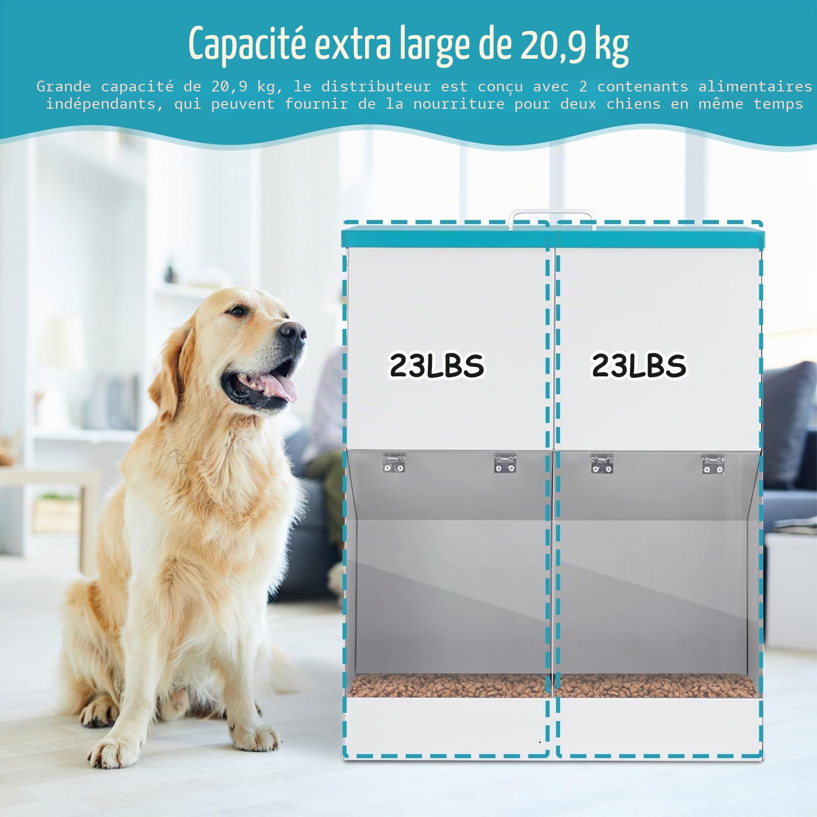 Mangeoire Automatique pour 2 Chiens, Distributeur de Nourriture Galvanisé d'une Capacité de 46lbs, Double Mangeoire pour Animaux de Compagnie pour L'extérieur et L'intérieur