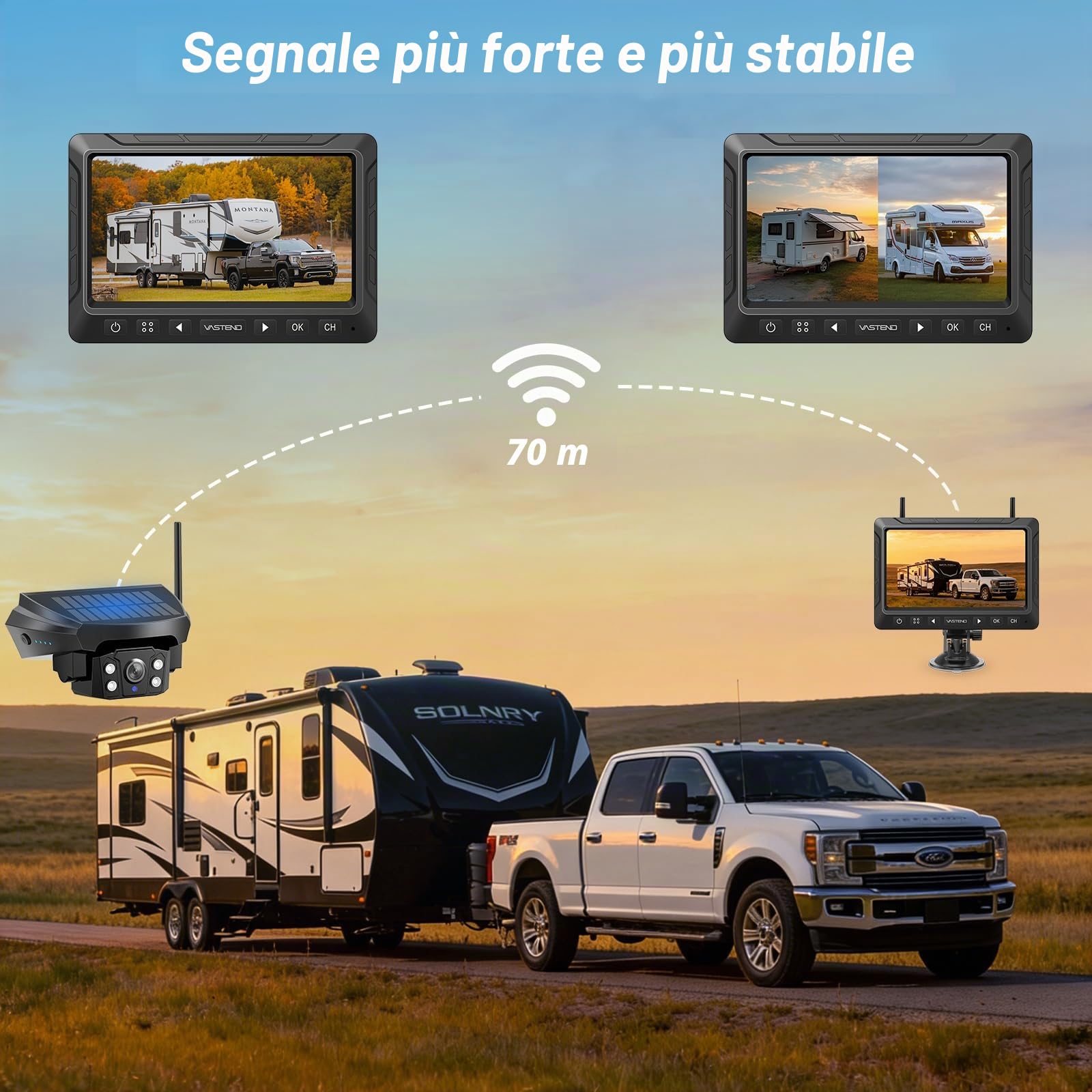 Telecamera di Retromarcia Senza Fili Solare con Batteria 10000mAh, Telecamera di Retromarcia Senza Fili 7", Impermeabilità IP67, Visione Notturna Infrarossa, per Caravana, Camion, Auto, Camper (VS-7E)