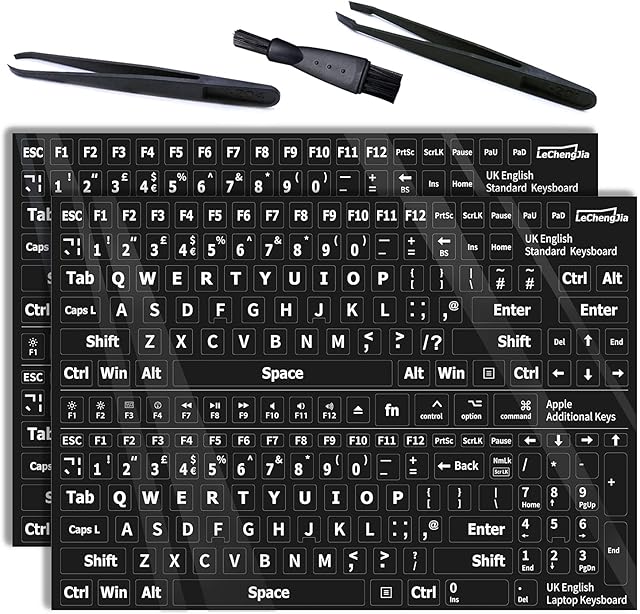 2 Pcs English UK Replacement Non Transparent BLACK Stickers with White LettersGlossySuitable for any standard Keyboard,laptop Keyboard,apple keys, With two tweezers and cleaning brush