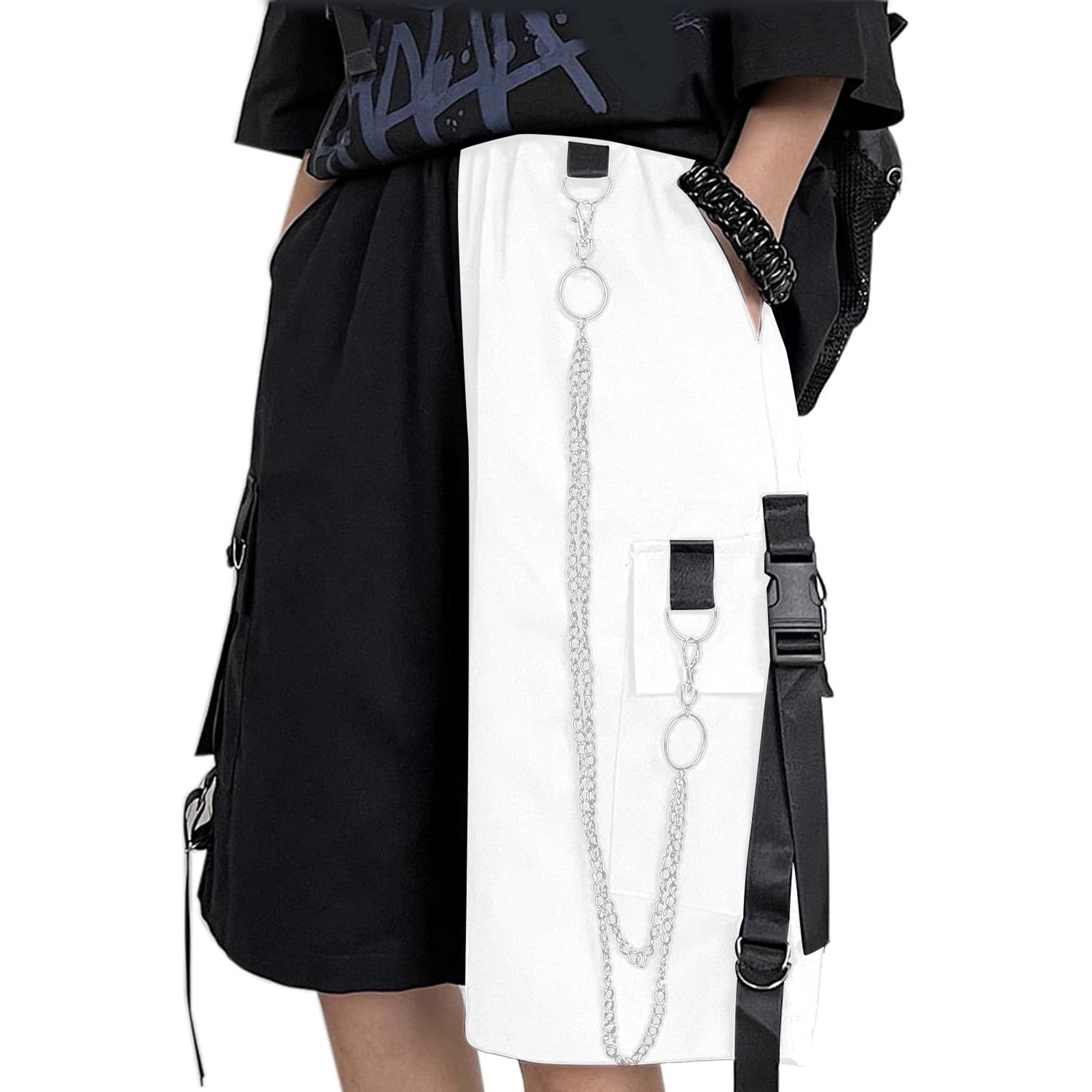 MEINVQIAOTI Schwarze Cargohose für Damen, Street Harajuku, lockere, gerade Shorts, Schwarze Hose mit Ketten