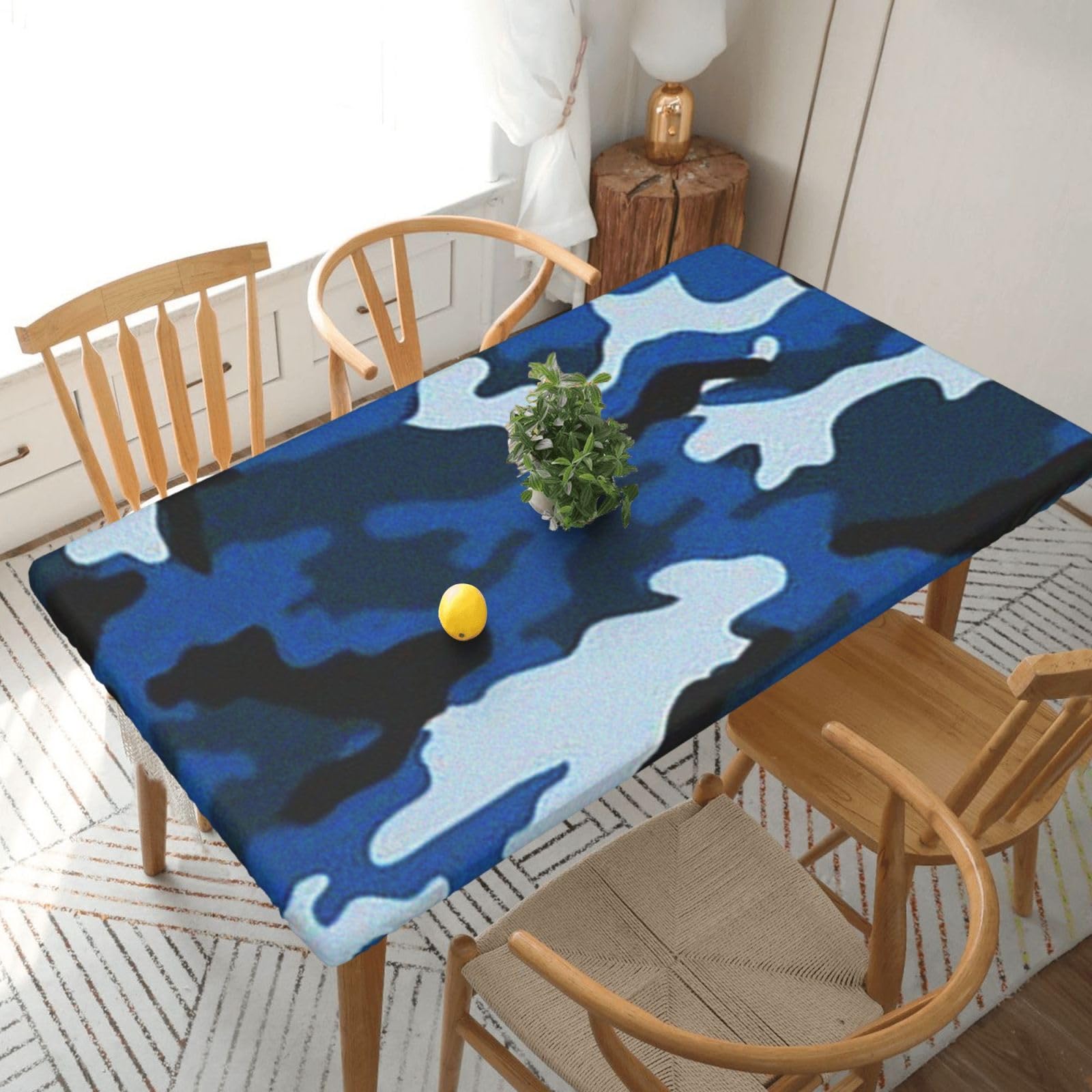 DCEHGEW Elastic Fitted Rectangle Tablecloth for 5ft Tables, Blue Camouflage Printed Oilproof & Washable Fabric Picnic Table Cloth Table Covers