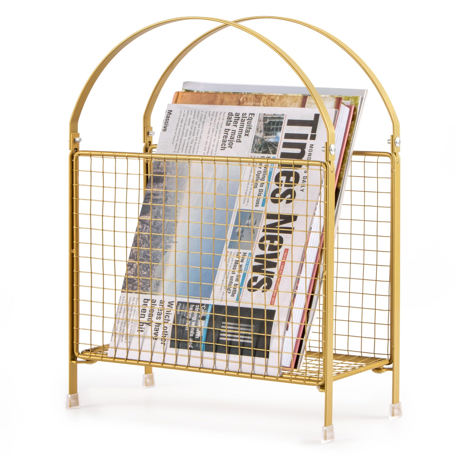 PUERSI Freestanding Magazine Rack – Modern Touch Handbag Design, Magazine Organizer Metal Holder for Newspaper, Books, Vinyl Record (Gold)