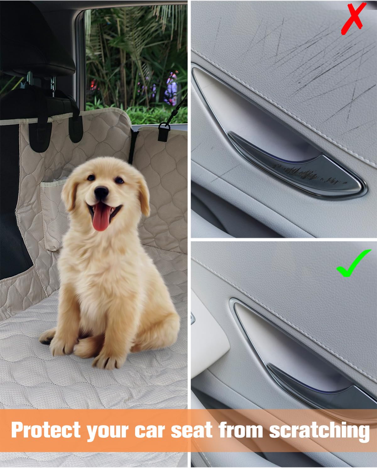 PETICON Coprisedile auto per cani con finestra a rete, 100% impermeabile, coprisedile per sedile posteriore, antigraffio, amaca per cani per auto, camion, SUV, Jeep, beige