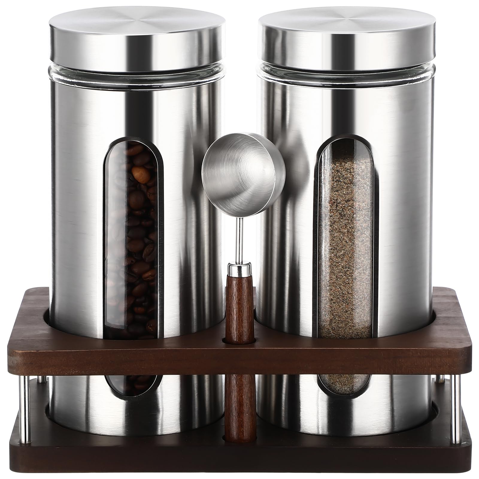 Suclain Stainless Steel Coffee Grounds Canisters with Shelf 2 x 50oz Sugar Coffee Bean Storage Container with Airtight Threaded Lid Glass Window Scoop Kitchen Jar Set for Bar Creamer Nut Tea