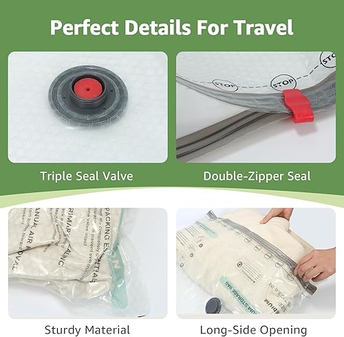 Miniatura 5 de Bolsas de vacío para viajes con bomba de aire recargable, 9 paquetes de 3 tamaños, bolsas de sellado al vacío para ropa, bolsas de almacenamiento de