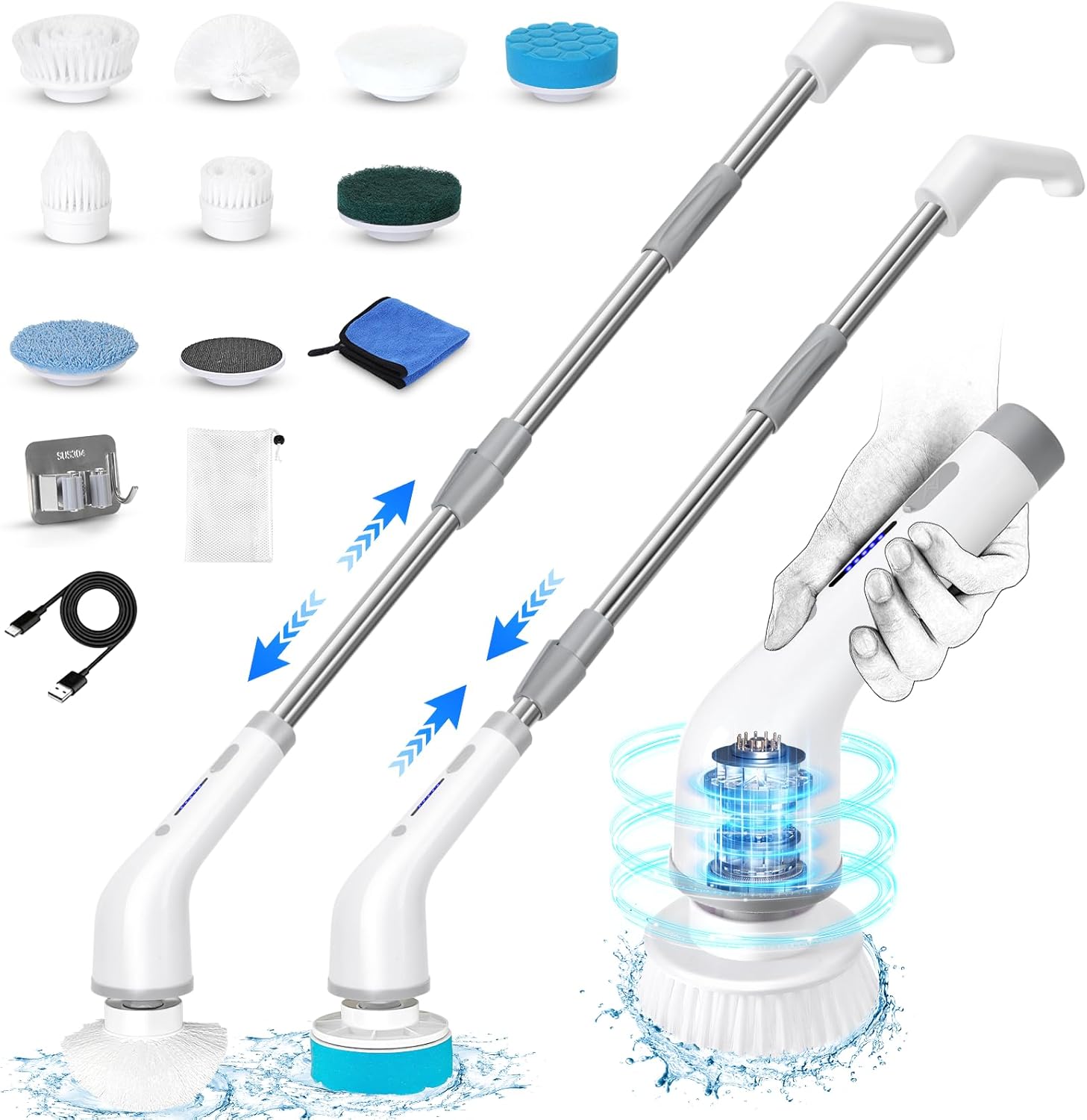 Electric Spin Scrubber, Cleaning Supplies with High-Speed 400/450 RPM, Adjustable Long Handle, High Torque, 8 Versatile Brush Heads, 90-Minute Runtime, Car Wash Brush for Windshields, Wheel Electric Spin Scrubber, Cleaning Supplies with High-Speed 400/450 RPM, Adjustable Long Handle, High Torque, 8 Versatile Brush Heads, 90-Minute Runtime, Car Wash Brush for Windshields, Wheel