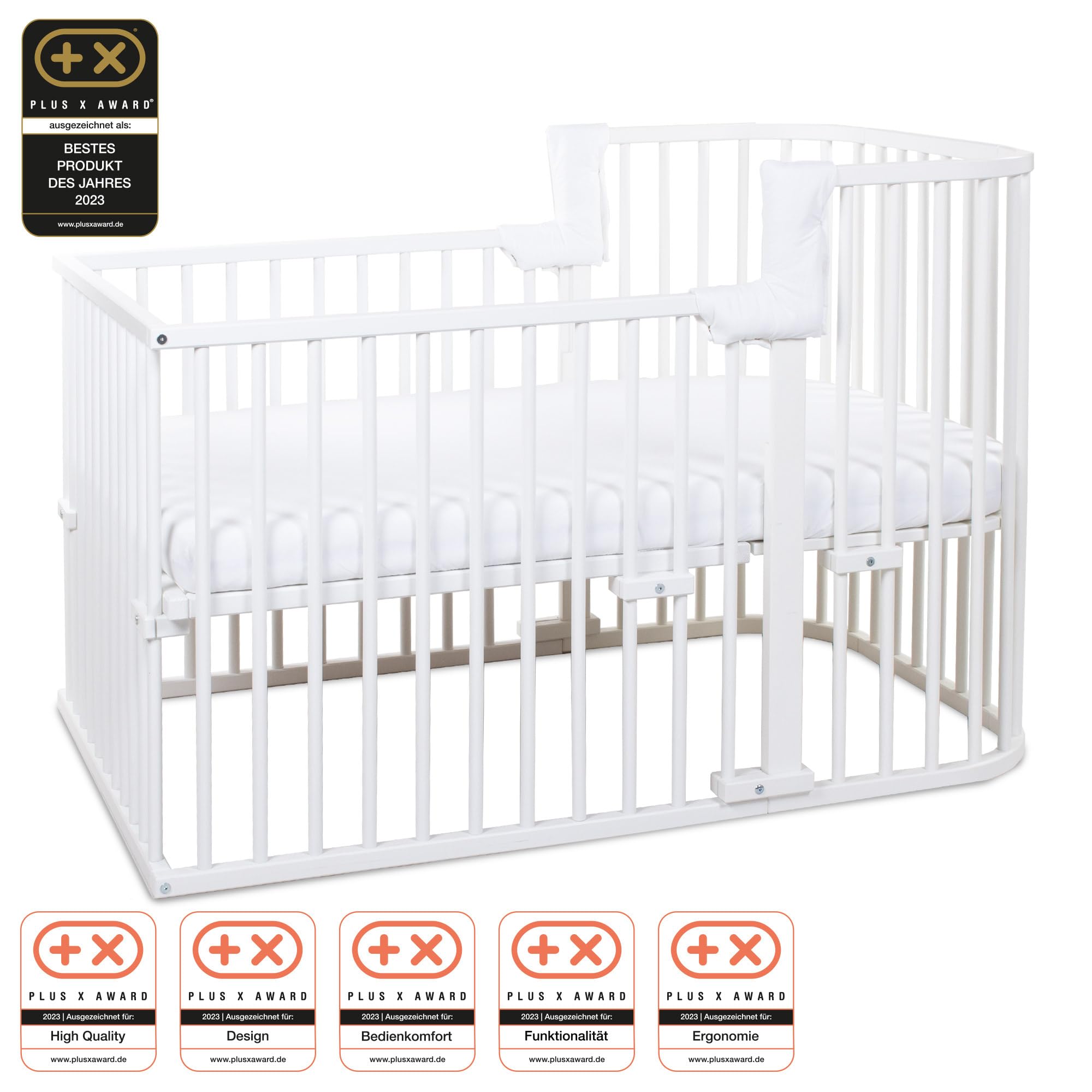 babybay Kinderbett Umbausatz für Beistellbetten stufenlos verstellbar passend für Modell Boxspring Comfort Plus/Babybett Größe: 140 cm x 89 cm aus massivem Buchenholz, weiß lackiert