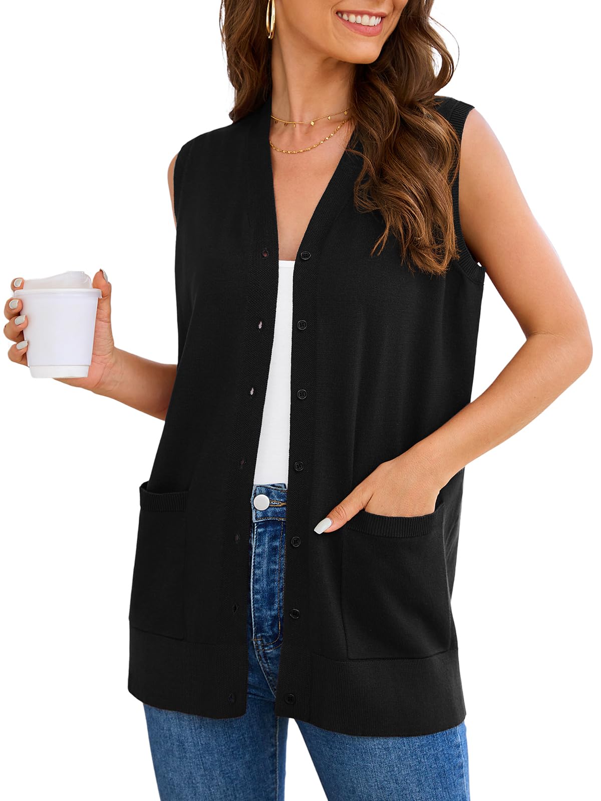 Womens 2025 Sleeveless Button Down Cardigan Sweaters Fashion Casual Soft Knit Office Duster Vests with Cozy Pockets