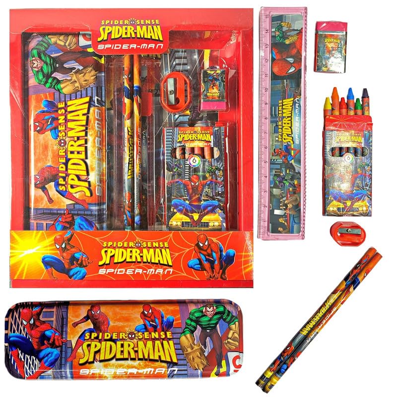 Image of Spidarman Stationary Kit with 1 Pencil Box Case 2 Pencils 6 Crayon Colors 2 Space Gel Pen 1 Ruler Scale Eraser Sharpener Kit for Kids (Character As Per Available)