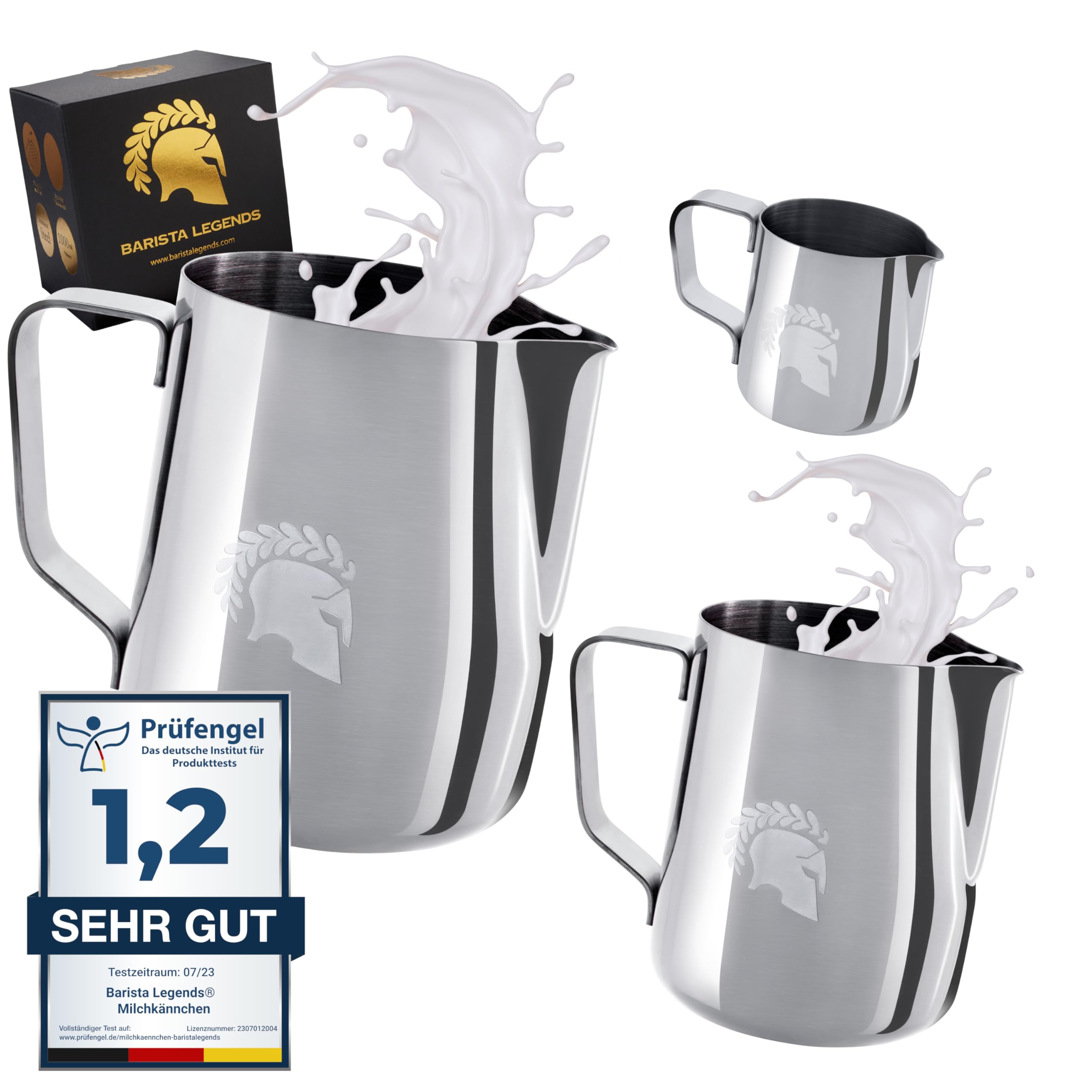 Barista Legends® Set bricco per latte in acciaio inox, colore argento, 100 ml + 350 ml + 600 ml, bricco per schiuma di latte lucidato, bricco per latte in acciaio inox, accessorio Barista