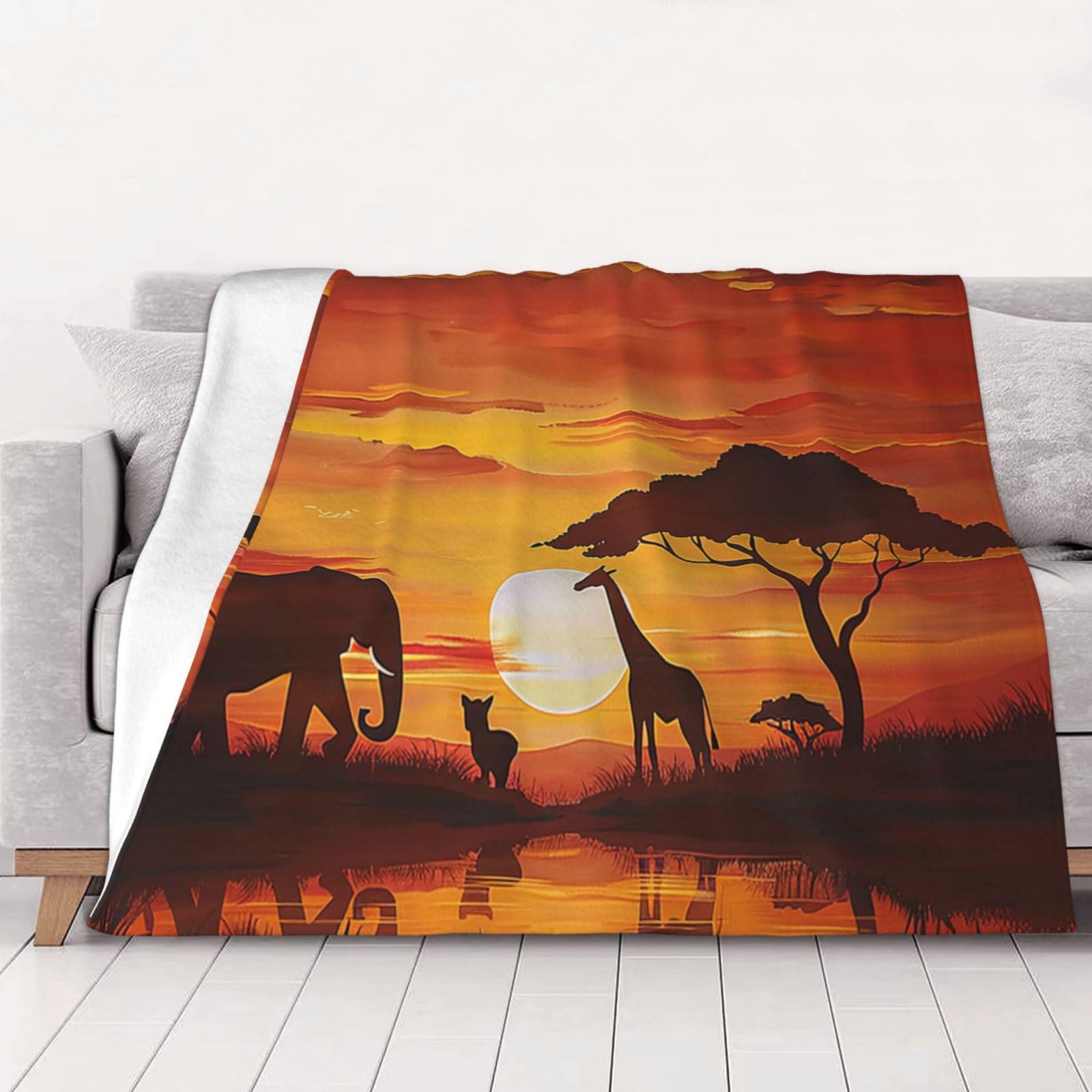 AUBKFELD Elephant and Giraffe in The Sunset Printed Flannel Blanket 200x150 CM, Soft & Warm Throw Blanket for Sofa/Couch/Bed/Car, Gifts for Audlts Women Men