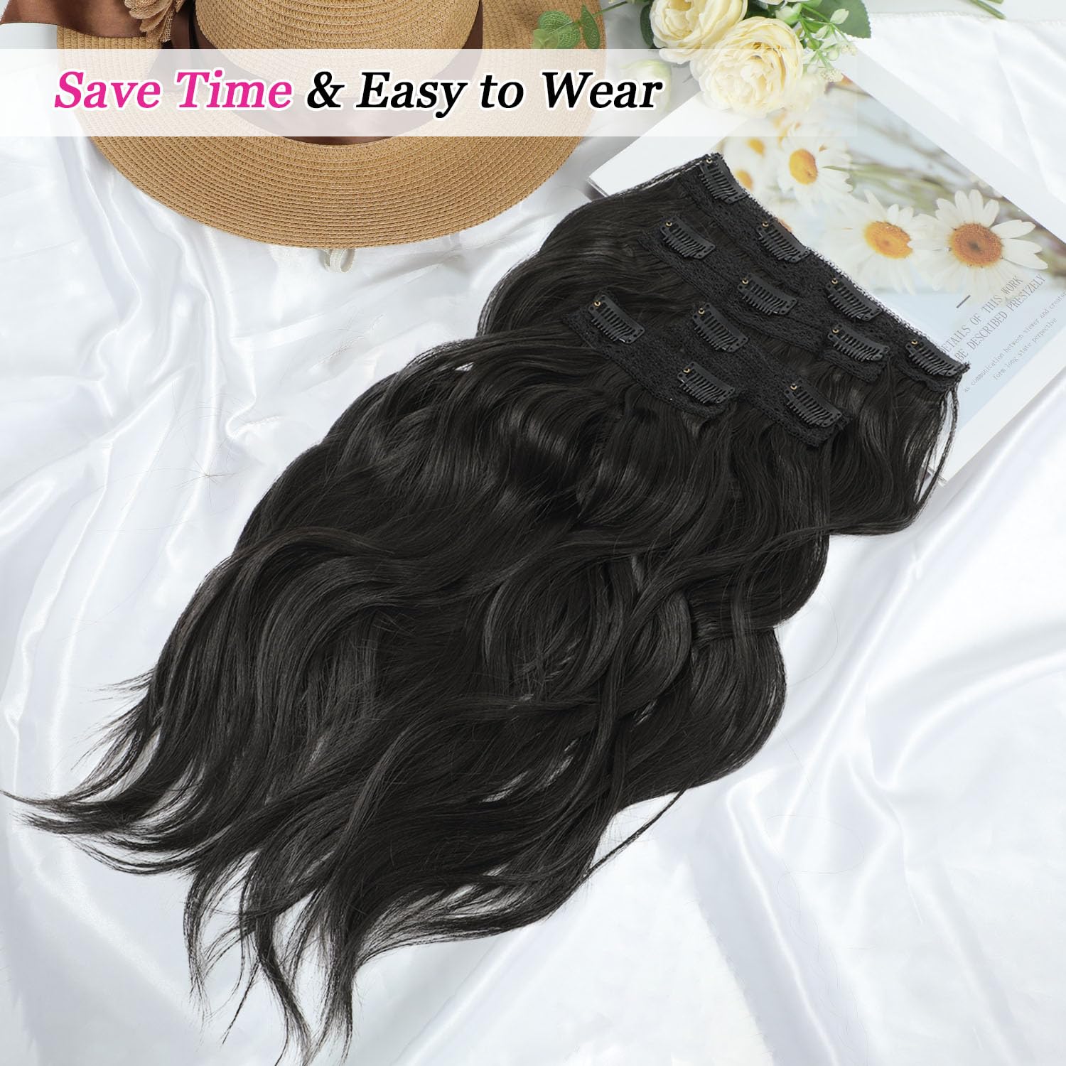 14 Inch Clip-in Hair Extensions - Synthetic Wavy Curly Thick Dark Brown Pieces for Women, 14Inch - Image 2