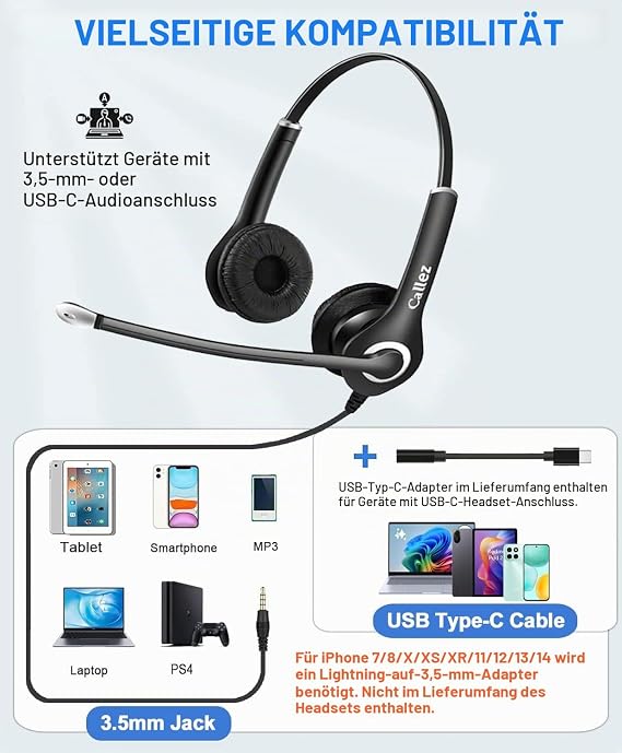 Callez PC Headset 3.5 mm Jack with USB C Cable and Microphone Noise Cancelling Stereo Kopfhörer Handy für iPhone Samsung Smartphone Laptop Computer Business Home Office Call Center Zoom Skype Klare Chat