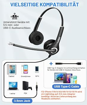 Callez PC Headset 3.5 mm Jack with USB C Cable and Microphone Noise Cancelling Stereo Kopfhörer Handy für iPhone Samsung Smartphone Laptop Computer Business Home Office Call Center Zoom Skype Klare Chat