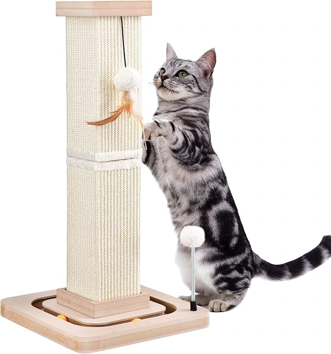27″ Cat Scratching Post, Sisal Cat Scratcher with Interactive Track Balls and Hanging Balls, Vertical Scratching Posts for Indoor Cats and Kittens 27″ Cat Scratching Post, Sisal Cat Scratcher with Interactive Track Balls and Hanging Balls, Vertical Scratching Posts for Indoor Cats and Kittens