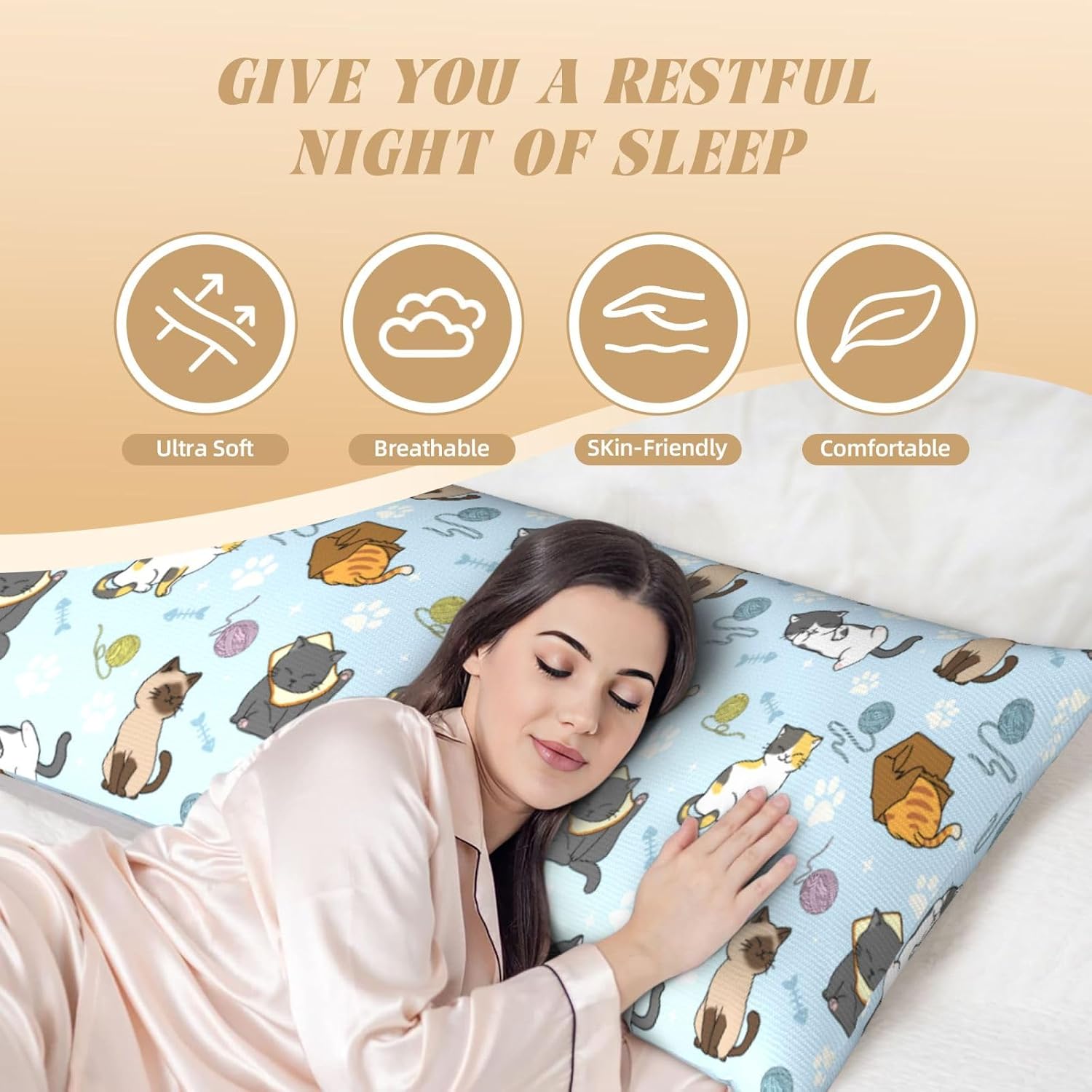 Soft Fluffy Cat Body Pillow Cover - Cute Feline Print Pillowcases with Hidden Zipper, Decorative Animal Plush Pillow Case for Home,Cat Lovers Gifts image 3