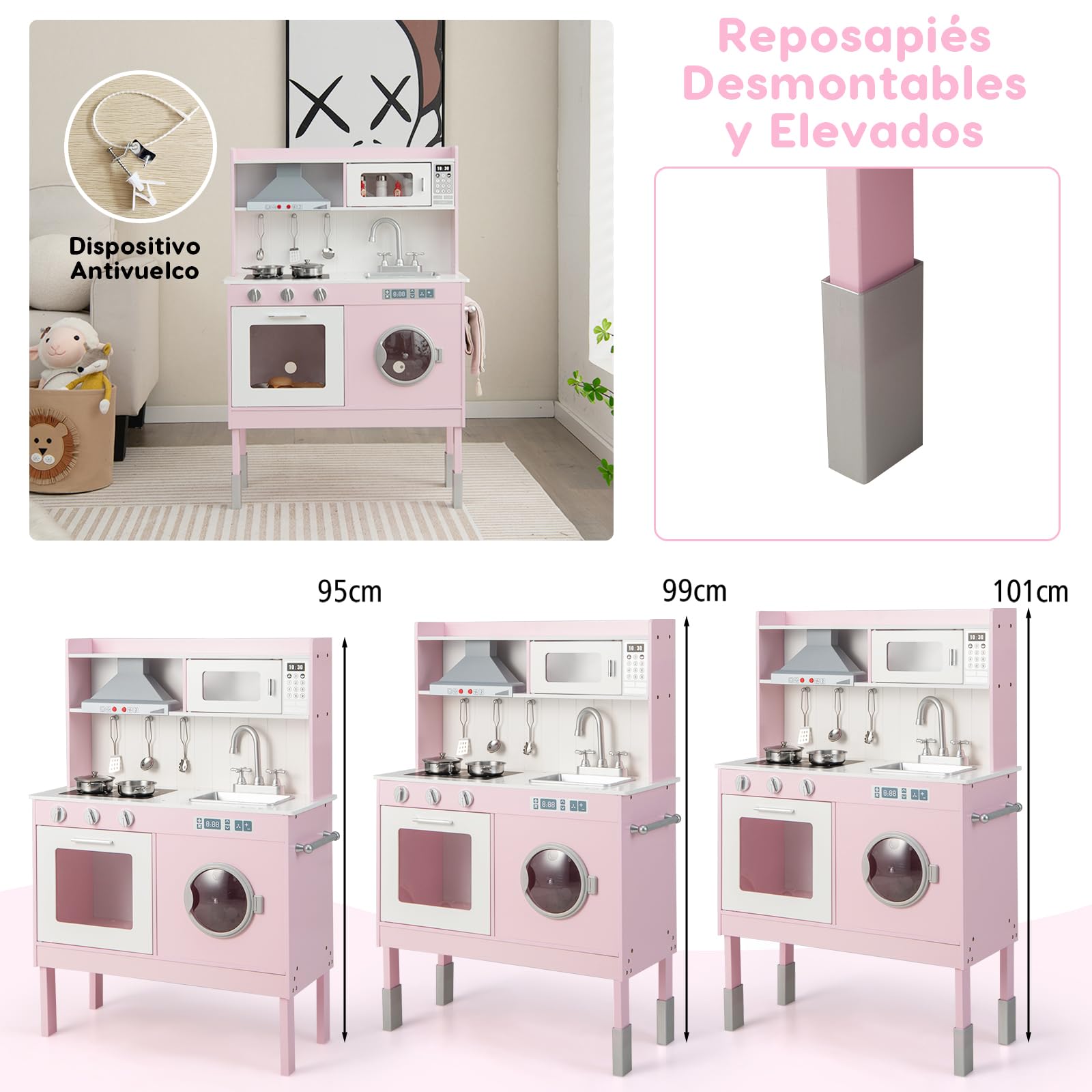 RELAX4LIFE Cocina Juguete con 5 Accesorios y Altura Ajustable 95/99/101cm, Cocinita Infantil con Luces y Sonidos Reales, Espacio de Almacenaje, Cocinita de Madera para Niños 3-8 Años (Rosa-Mini)