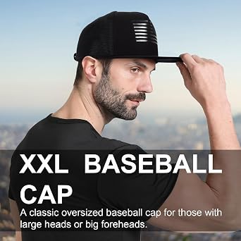 Mens Oversize XXL American Flag Flat Brim Trucker Hat, Adjustable Mesh Snapback Baseball Cap for Big Heads