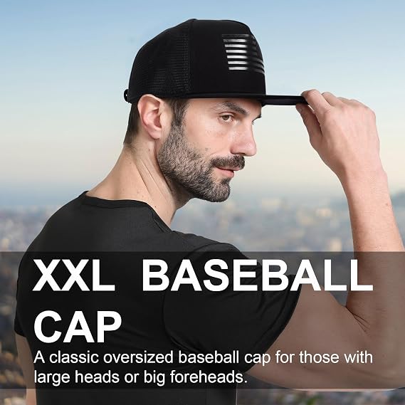 Mens Oversize XXL American Flag Flat Brim Trucker Hat, Adjustable Mesh Snapback Baseball Cap for Big Heads
