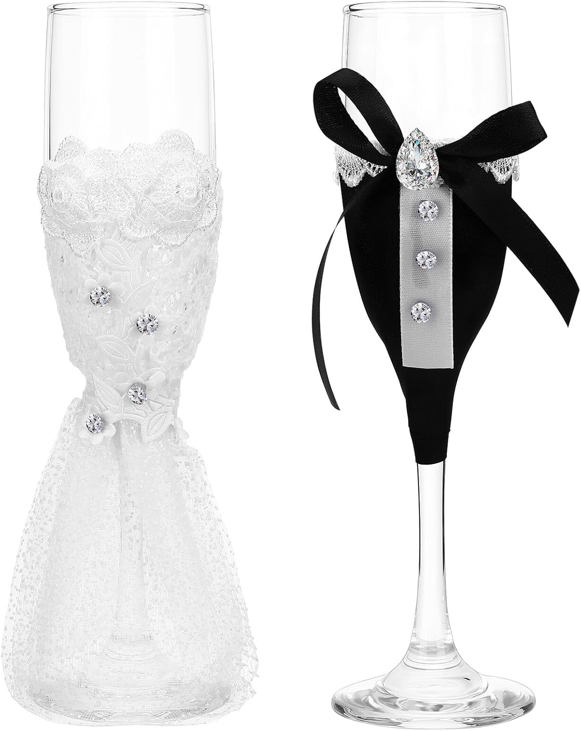 Wedding Wine Glass Set Black and White Decorative Goblets Bride and Groom Toasting Glasses for Engagement and Wedding Celebrations