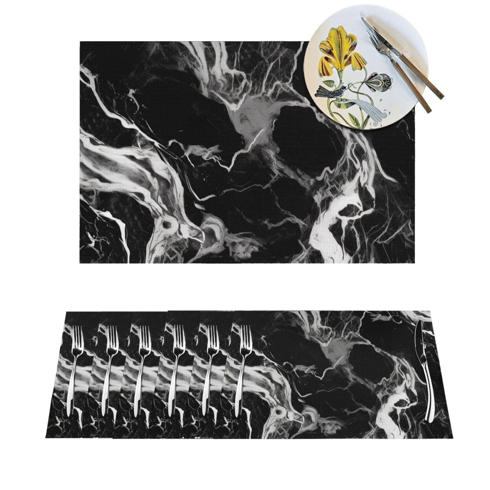 Set de table PVC marbre noir et blanc x4 résistant à la chaleur et antidérapant pour cuisine 45x30