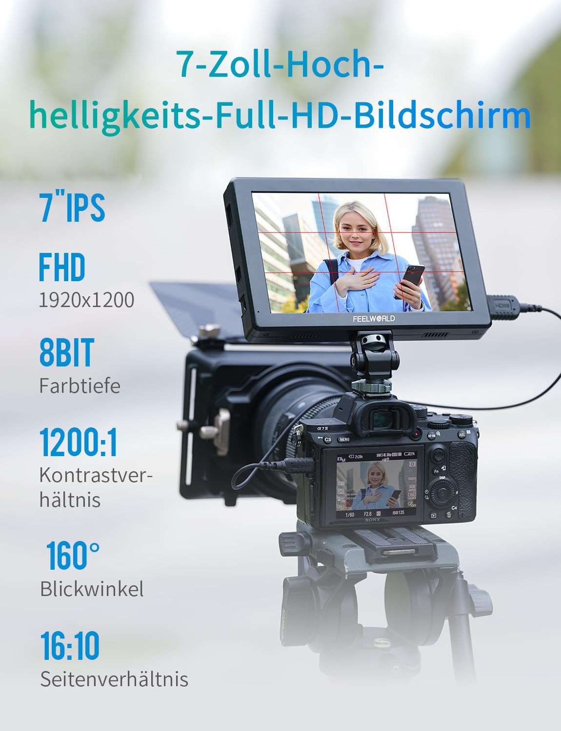 FEELWORLD T7PRO 2000Nit Kamera Feld Monitor 7 Zoll 1920x1200 IPS Kameramonitor mit Sunshield 4400 mAh Akku und Tasche,4K HDMI2.0,3DLUT HDR,Wellenform,9:16 Marker,Aluminiumgehäuse