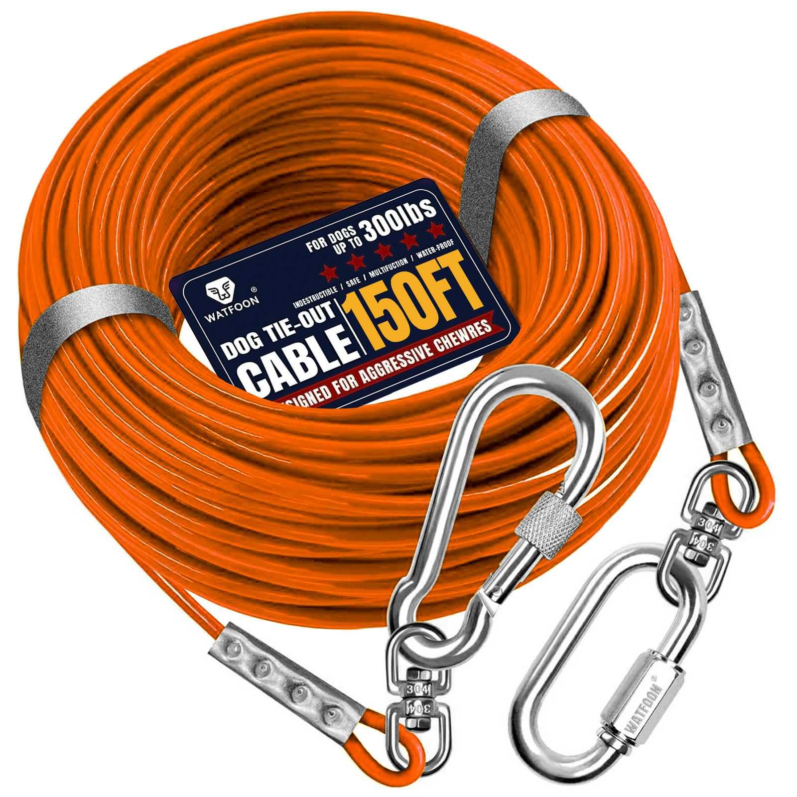 Tie Out Cable for Dogs Up to 300lbs, 150ft Extra Strong 1000lbs Break Strength Tie-Out Tether Trolley Training Lead,Dog Run Cable for Yard Garden Park Camping Outside (Orange, 300lbs 150ft)