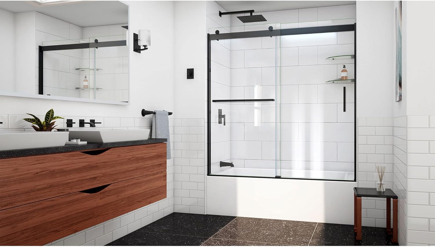 DreamLine Sapphire-V 56-60 inch W x 62 inch H Semi-Frameless Bypass Tub Door in Matte Black and Clear Glass