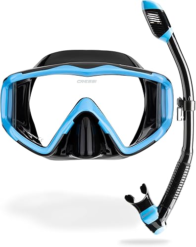 Cressi Panoramic Wide View Mask & Dry Snorkel Kit for Snorkeling, Scuba Diving - Pano 3 & Supernova Dry: Designed in Italy Negro/Azul