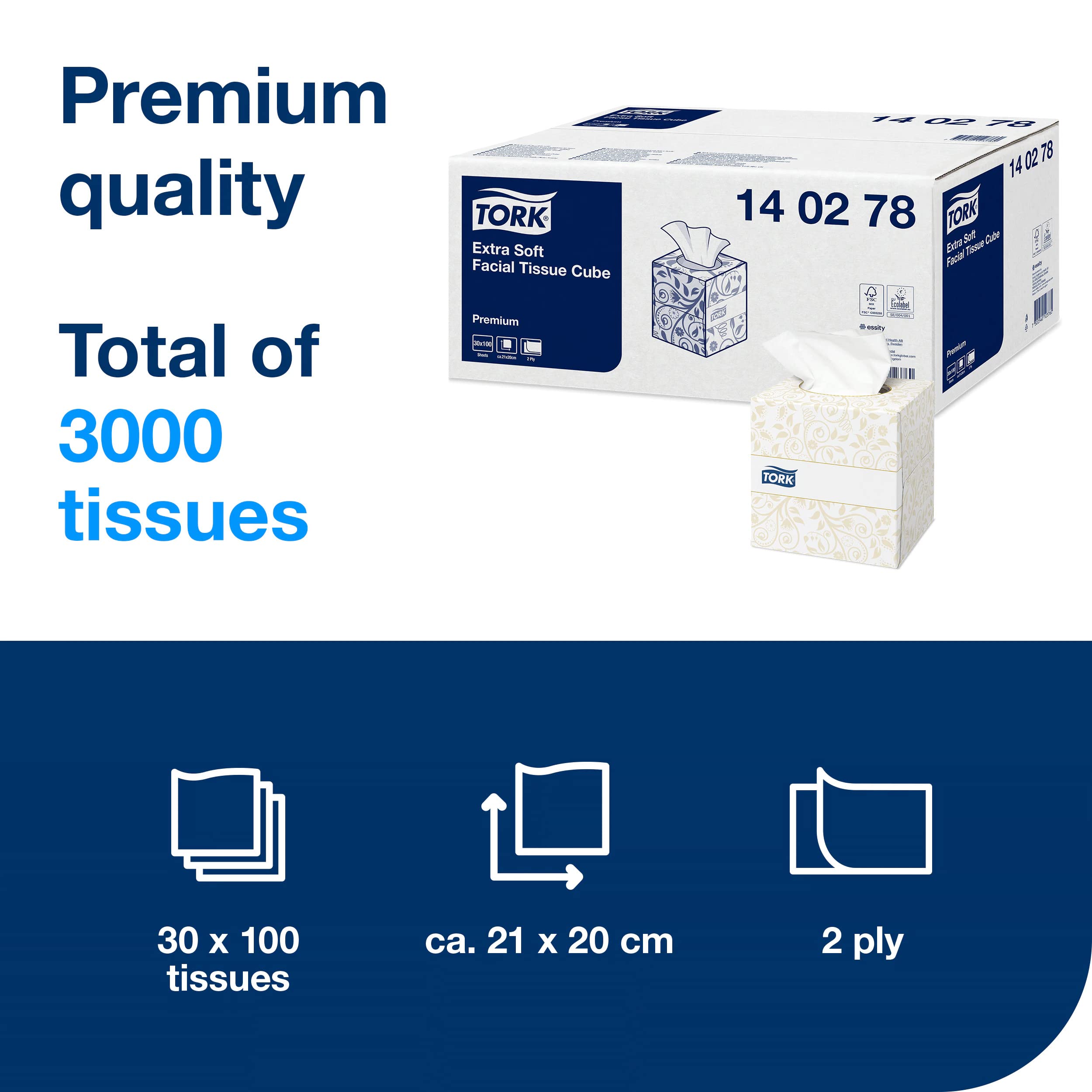 Tork 140278 Pañuelos faciales extra suaves Premium de 2 capas, 30 cajas x 100 pañuelos