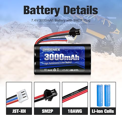 Miniatura 3 de URGENEX Batería de iones de litio de 7.4 V 3000 mAh de alta capacidad con enchufe SM-2P 2S batería recargable RC apta para WPL MN99 4WD de alta