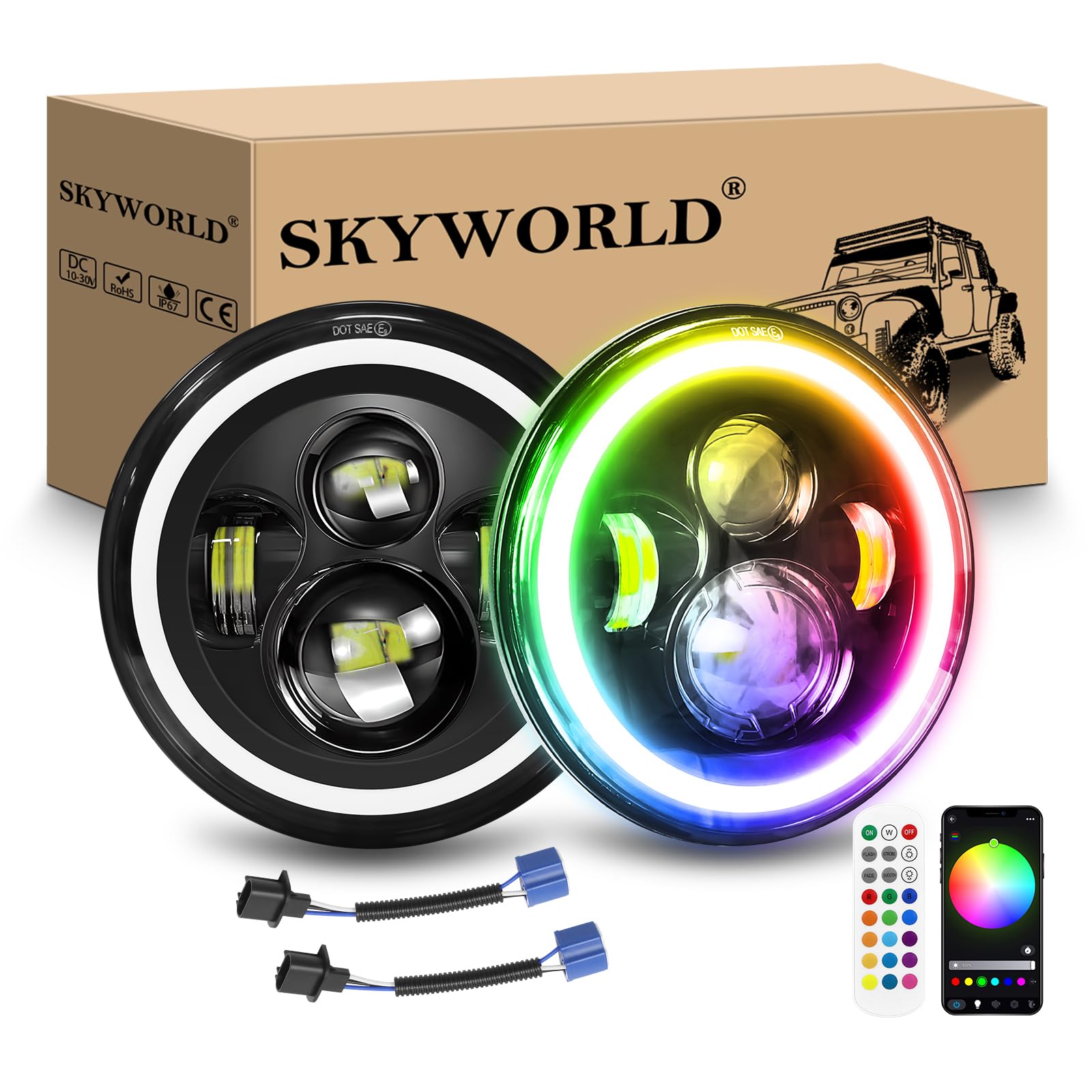 SKYWORLD 7 Pollici Rotonda Fari Led auto moto, 50W 5000LM Faro a LED Bianco RGB 4 modalità di Illuminazione Off Road Lights Fire Cross Hi/Lo Fascio Fari anteriori per Wrangler JK TJ LJ CJ Hummer