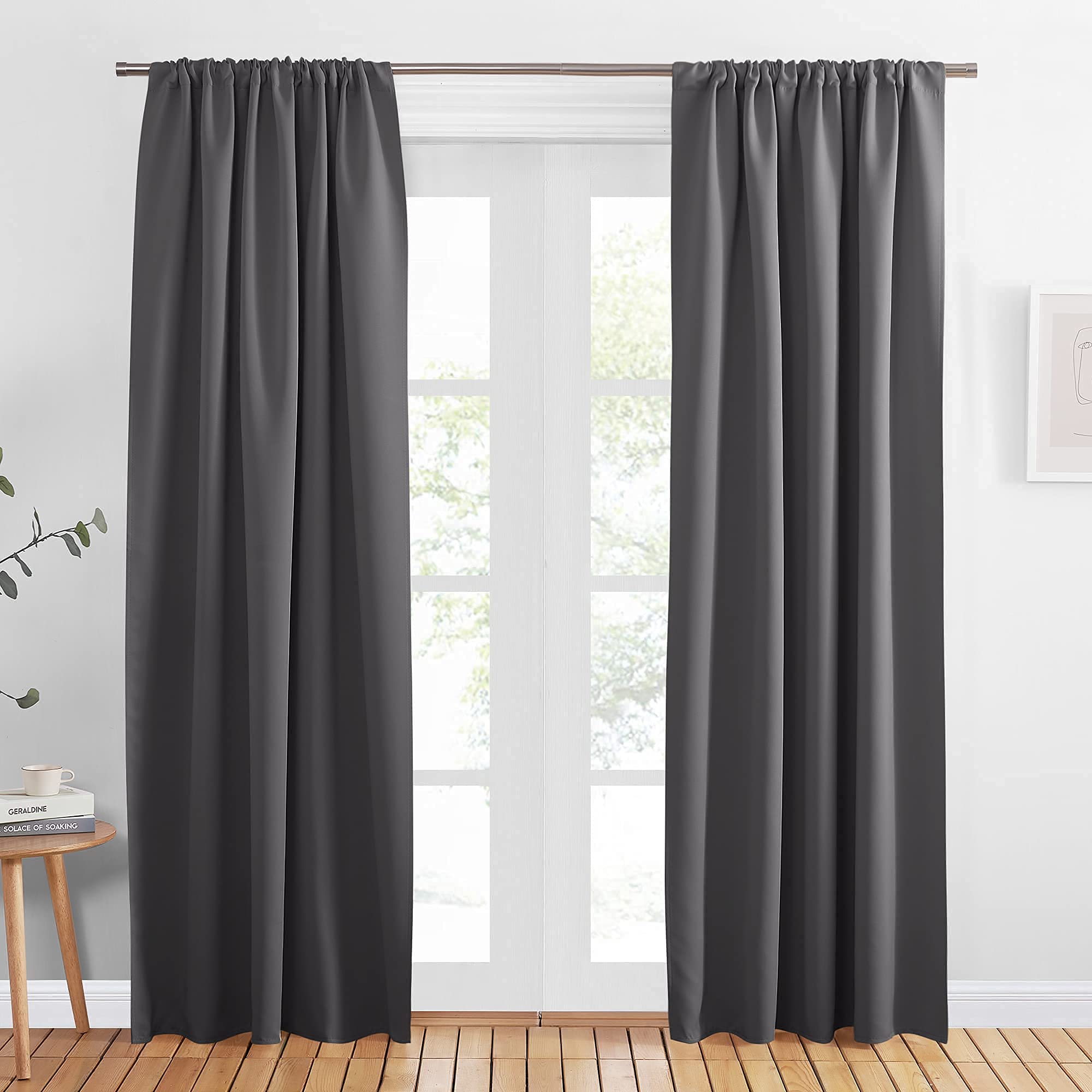 PONY DANCE Gray Curtains Drapes - 42 x 90 inches Long Grey Blackout Panels Home Fashion Solid Rod Pocket Curtain Blinds for Room Decoration Thermal Insulated Light Block, 1 Pair