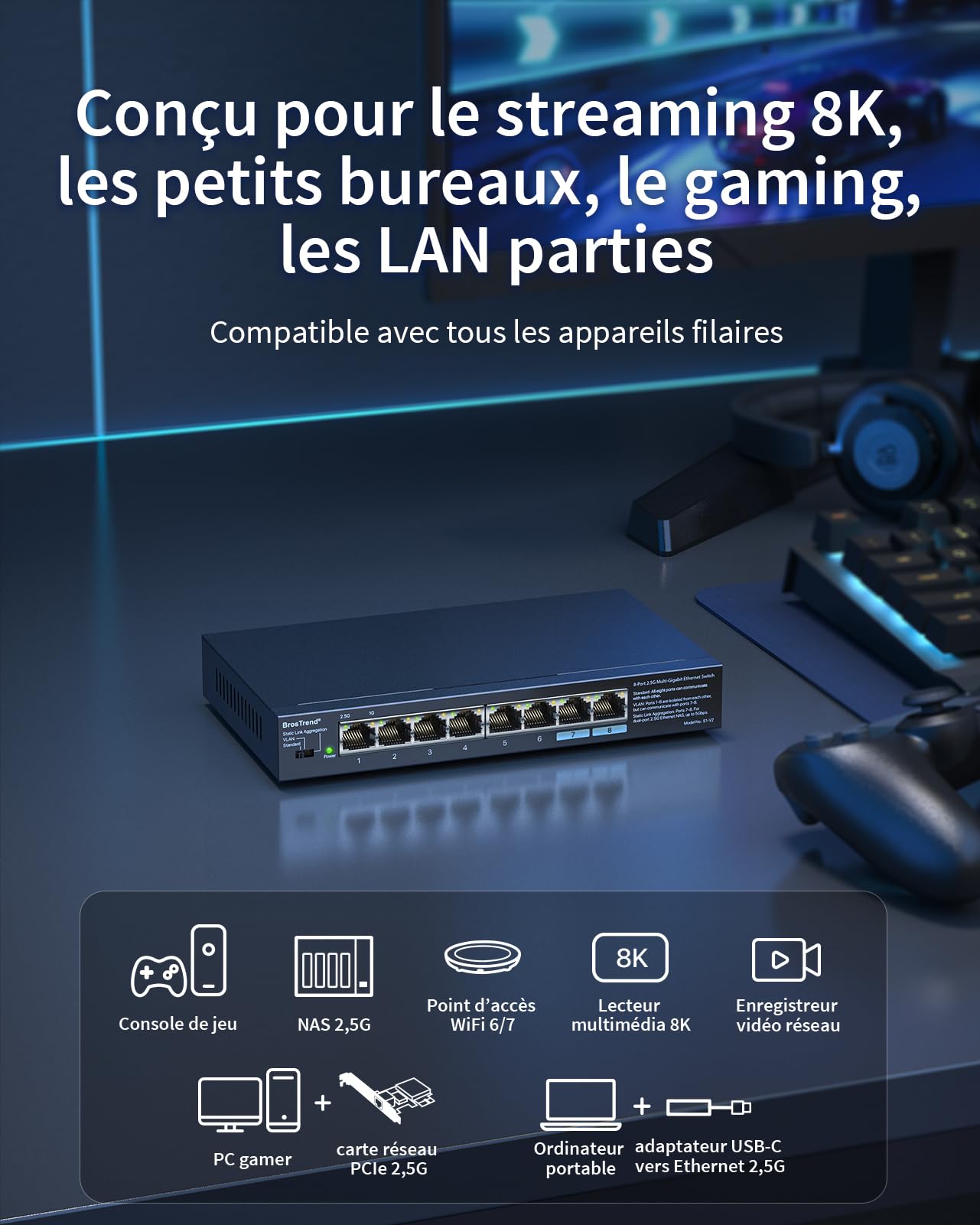 BrosTrend Switch Ethernet 2.5Gbps 8 Ports, Switch RJ45 2.5 Gigabit Unmanaged avec VLAN / Agrégation de Lien Statiques, Hub Ethernet 2,5Gb pour PC NAS, Plug & Play, sans Ventilateur, Protection à Vie