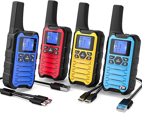 Wishouse Walkie Talkies K15 de largo alcance para adultos, radios recargables bidireccionales, paquete de 4, 2 W FRS, 22 canales, USB-C, linterna,