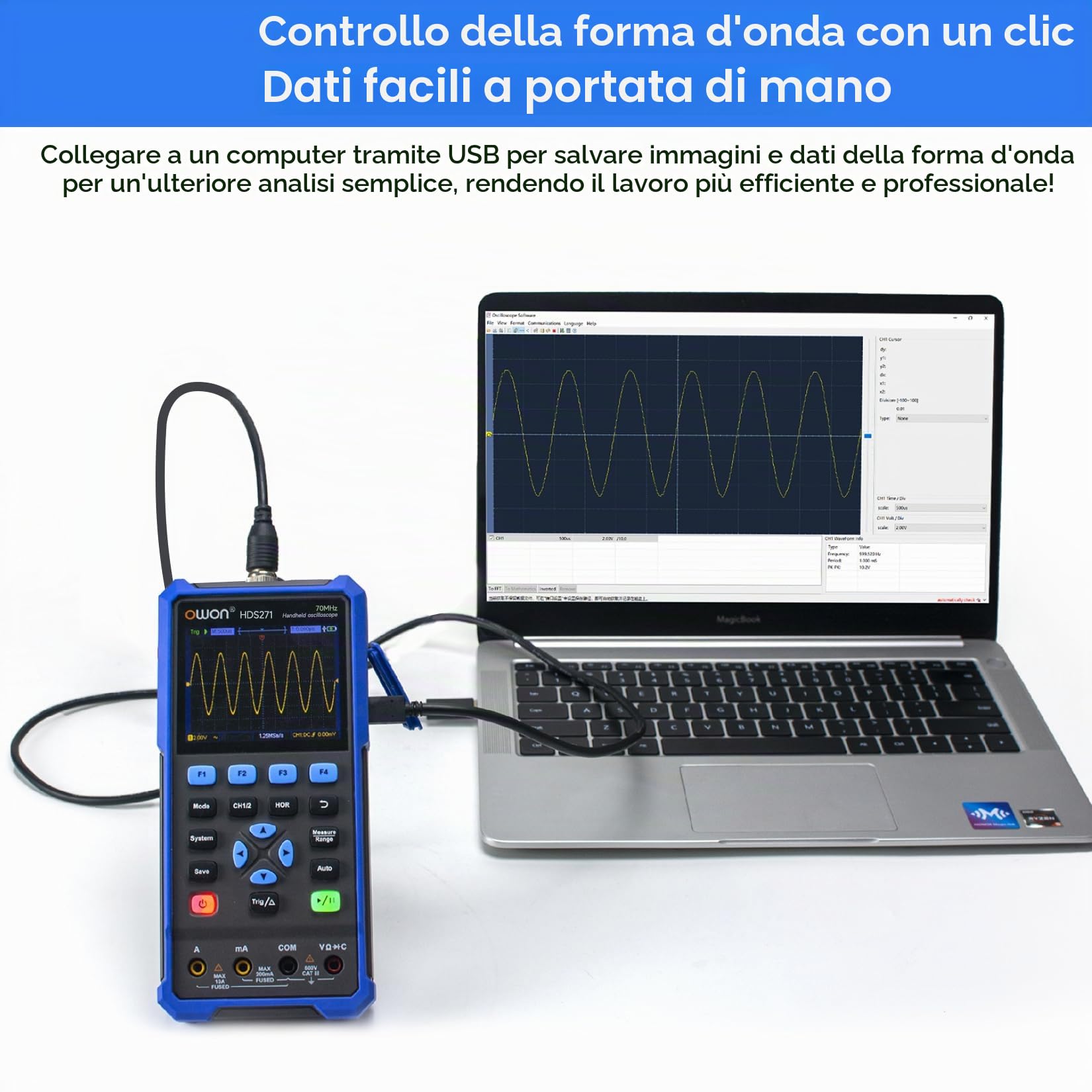 OWON HDS271 Oscilloscopio portatile a canale singolo,3 in 1 larghezza di banda 70MHz,multimetri a 1 canale,24000 conteggi con USB tipo C (oscilloscopio+multimetro+generatore da 100kHz)