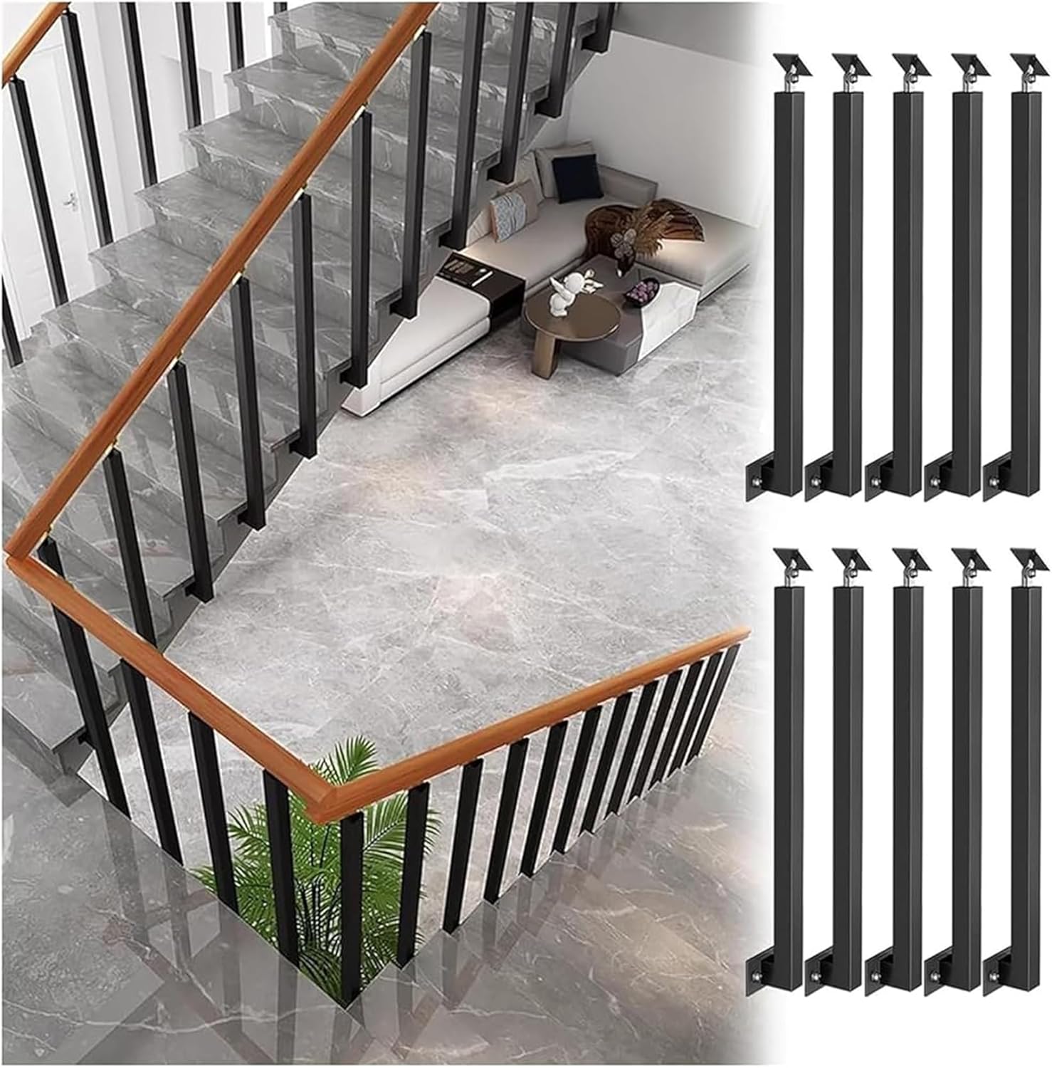 10 Pack Square Metal Stair Balusters Post Kit, Adjustable 270° Angle Bracket, Railing Spindles for Deck, Porch & Stair - 100cm/39.4in Banister Columns (75cm/29.5in)